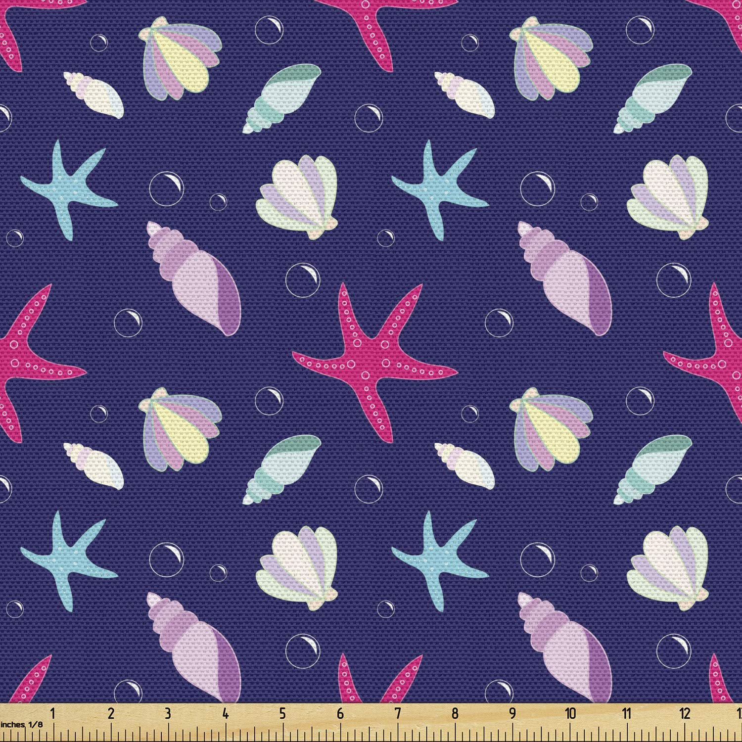 Ambesonne Nautical Marine Fabric by The Yard - Navy and Blush Decorative Upholstery Fabric with Shells, Starfish, Bubbles Aquatic Wildlife Pattern, 10 Yards Multicolor for DIY Home Decor, Curtains, Pillows, and Craft Projects