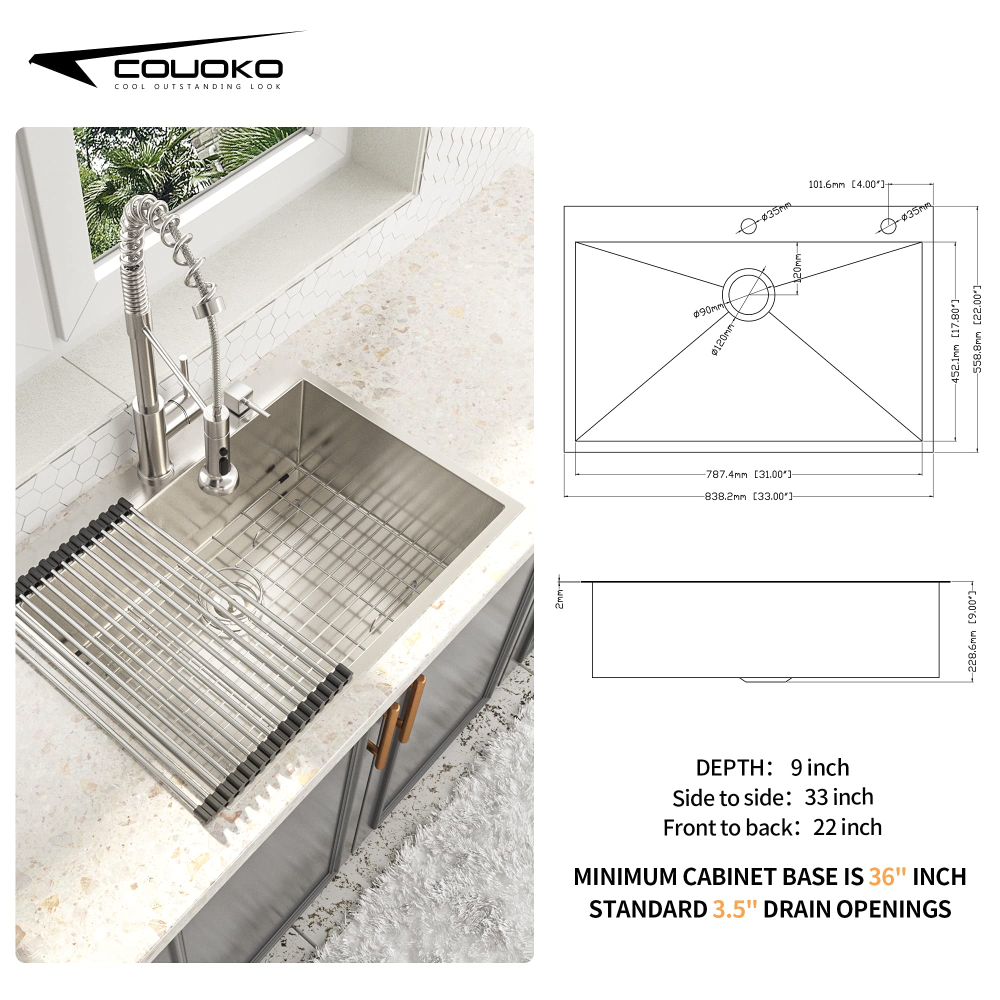 33x22 Drop In Kitchen Sink - Couoko Stainless Steel 16 Gauge 33 Inch Single Bowl Round Corner Topmount Sink, Deep Basin Overmount for Modern and Compact Kitchens