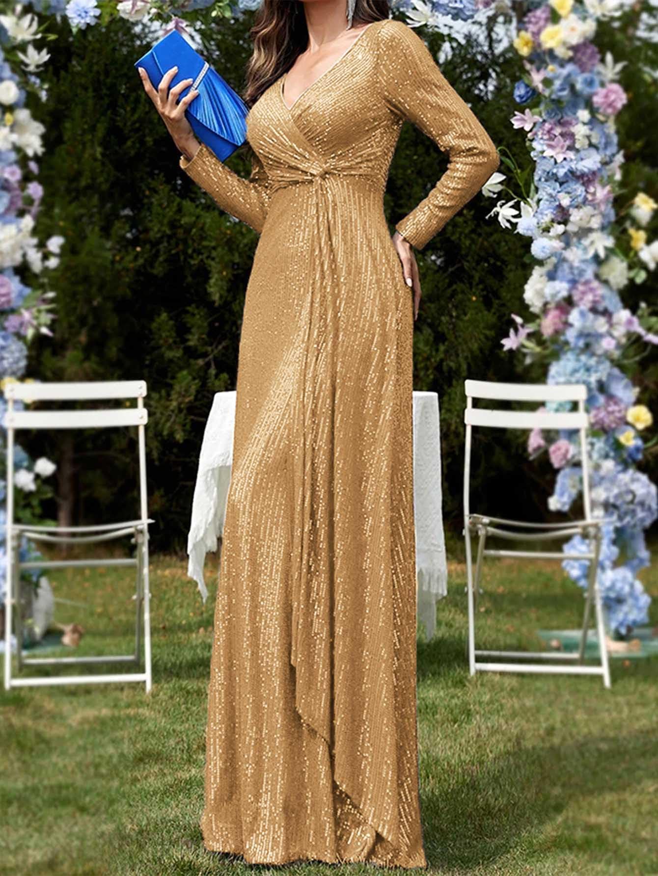 Meilun Women's Long Sleeve Sequin Formal Gown - Sparkly V-Neck Maxi Dress for Evening Parties, Prom, Weddings & Special Occasions
