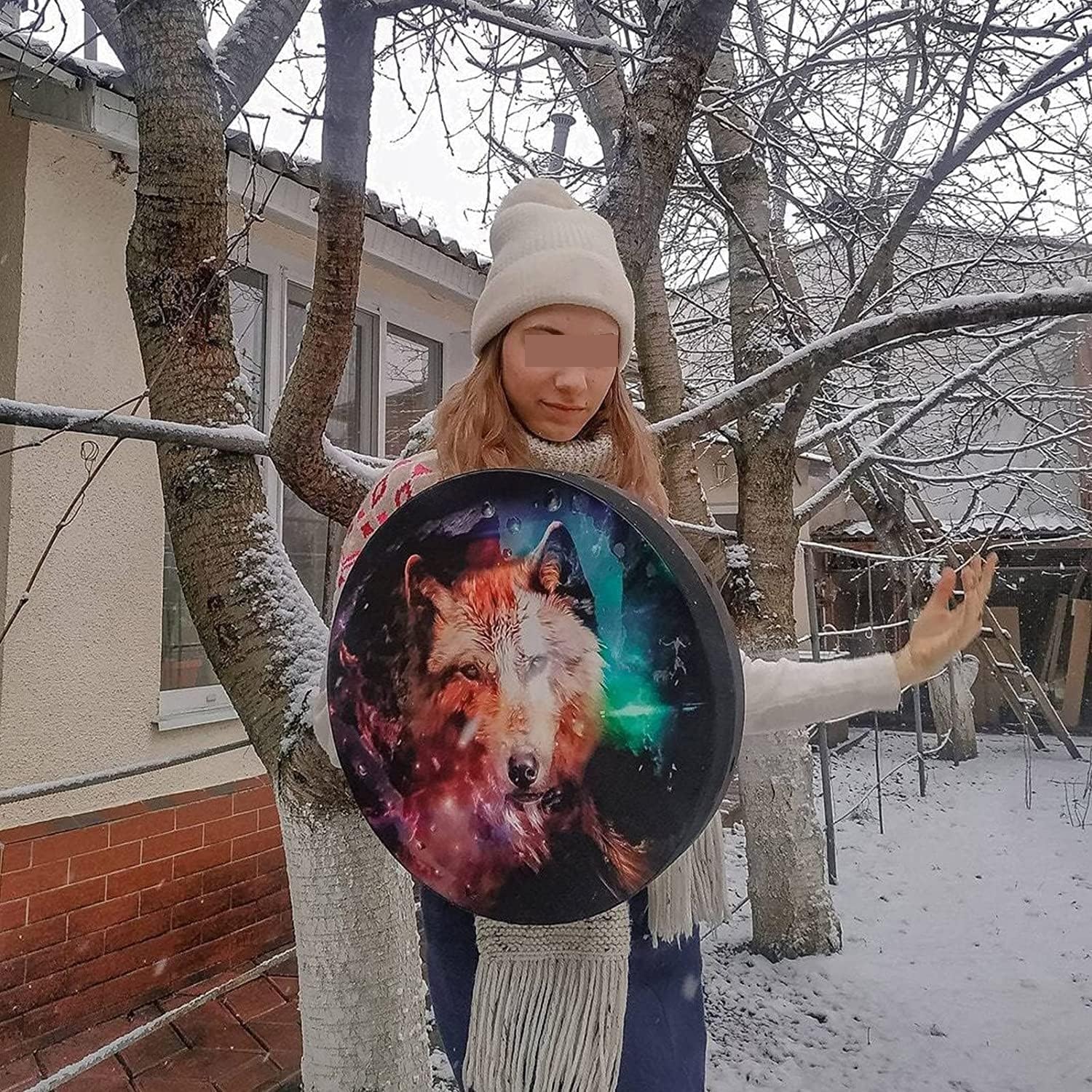 Handmade Shaman Drum with Holy Wolf Totem - Authentic Native American Style Hand Drum with Drumsticks - Perfect for Meditation, Rituals & Spiritual Healing