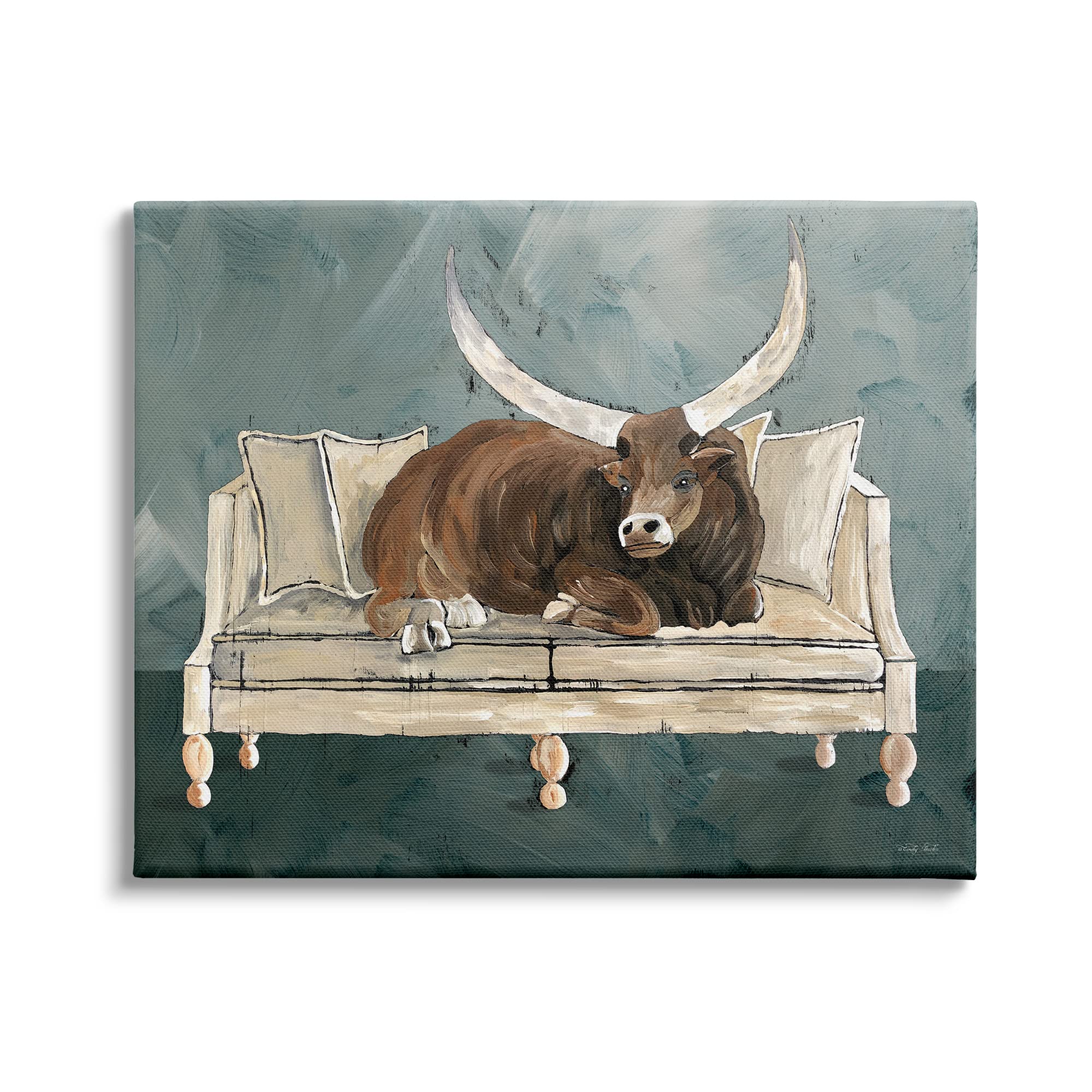 Stupell Industries Longhorn Bull Canvas Wall Art - 48x36 Inches, Green & Gray Western Decor for Living Room, Bedroom, or Office - Designed by Cindy Jacobs | Perfect for Ranch, Farmhouse & Cowboy Themed Interiors