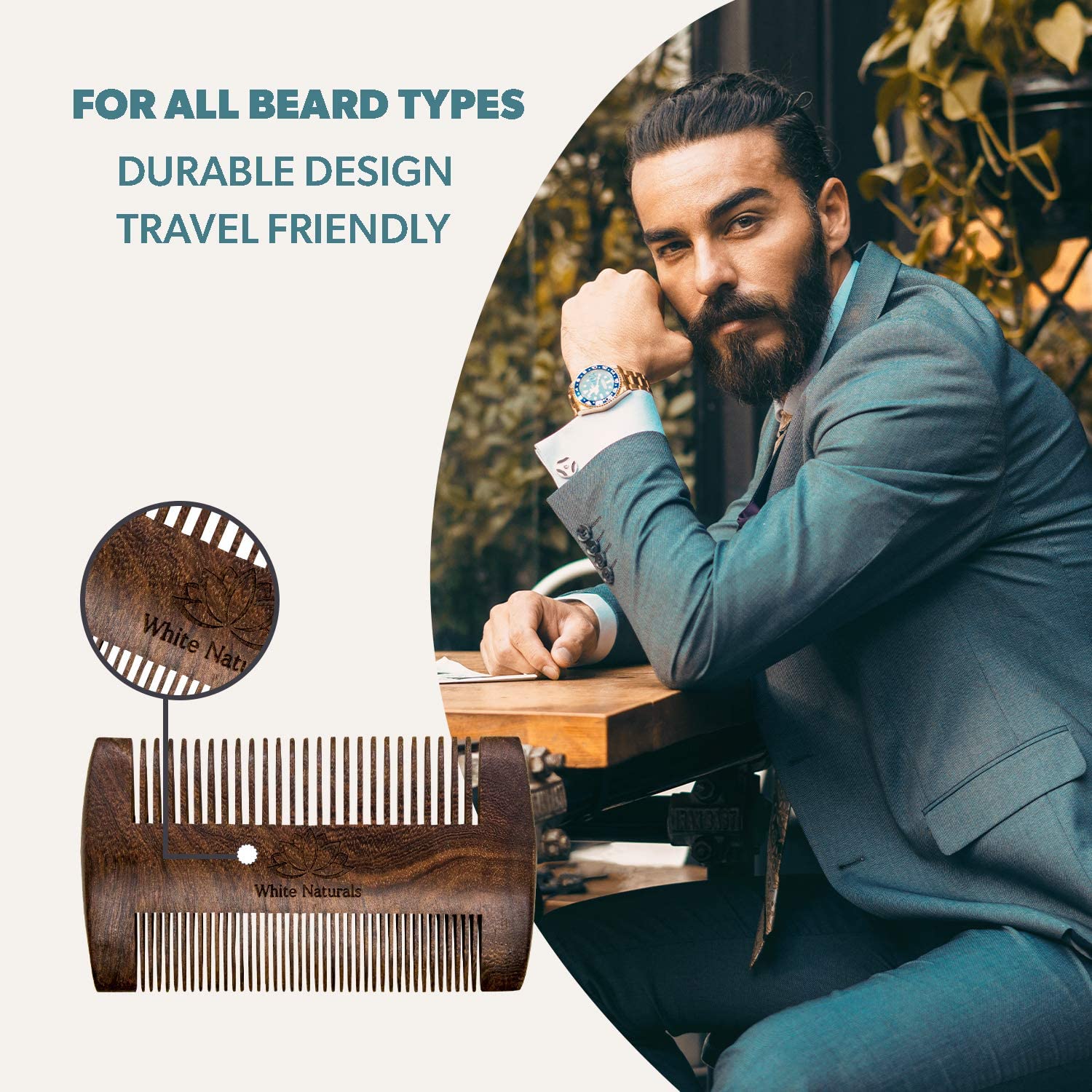 Premium Sandalwood Beard Comb for Men - Handmade Wooden Comb with Dual Action Teeth for Grooming & Styling - Includes PU Leather Case - Perfect for Travel, Home & Salon Use with Balms & Oils