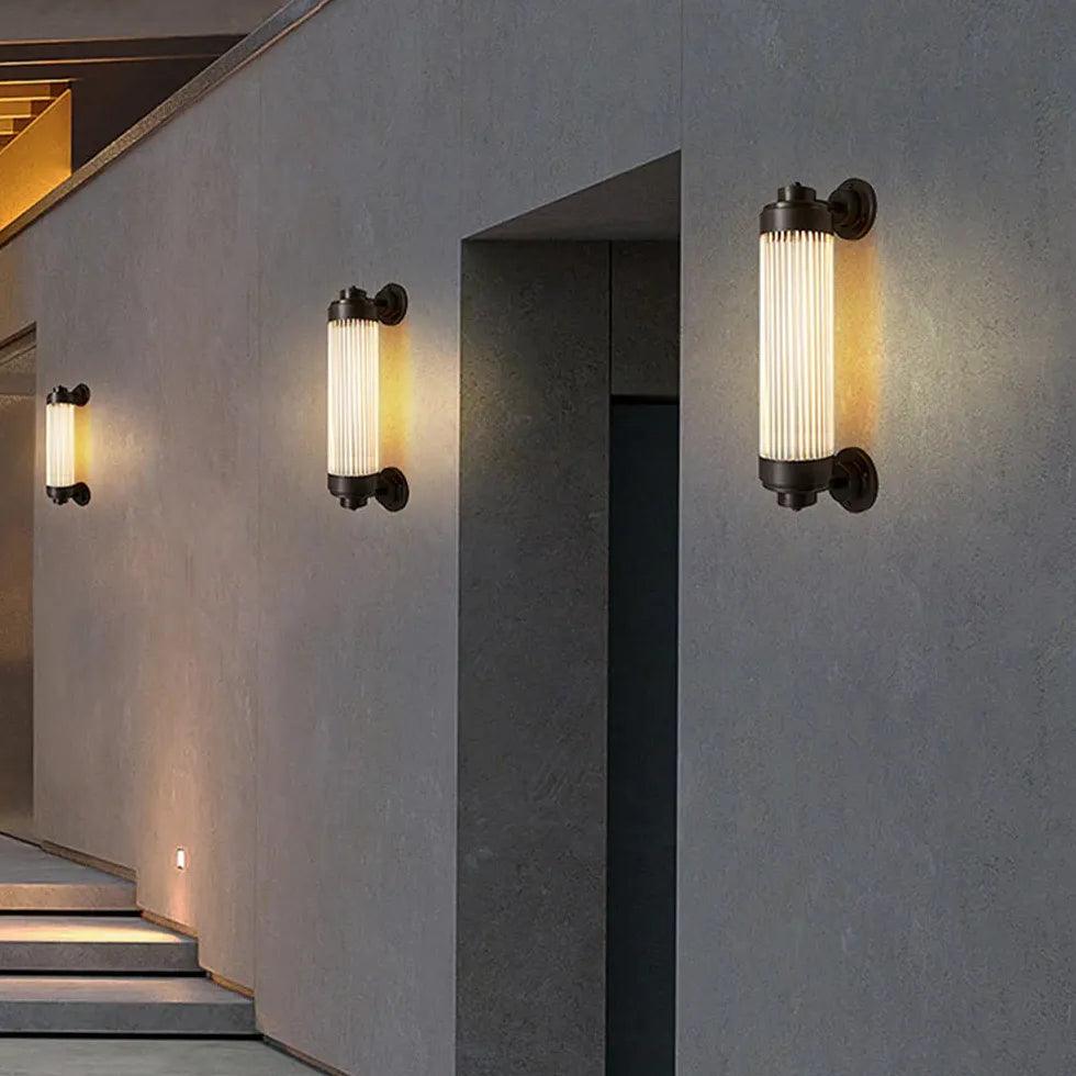 Modern Black Ribbed Glass Wall Light - Waterproof Outdoor Sconce for Porch, Patio, Garden & Entryway Lighting | Durable & Weather-Resistant