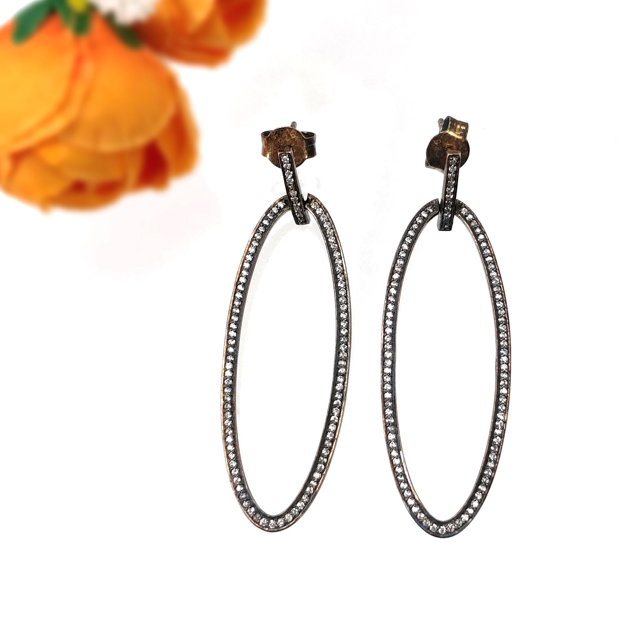Cubic Zirconia 925 Sterling Silver Victorian Hoop Earrings - 2.5 Inch Oval Bezel Set Push Back Fashion Jewelry (5.40g) for Women, Bridal, Party & Everyday Wear