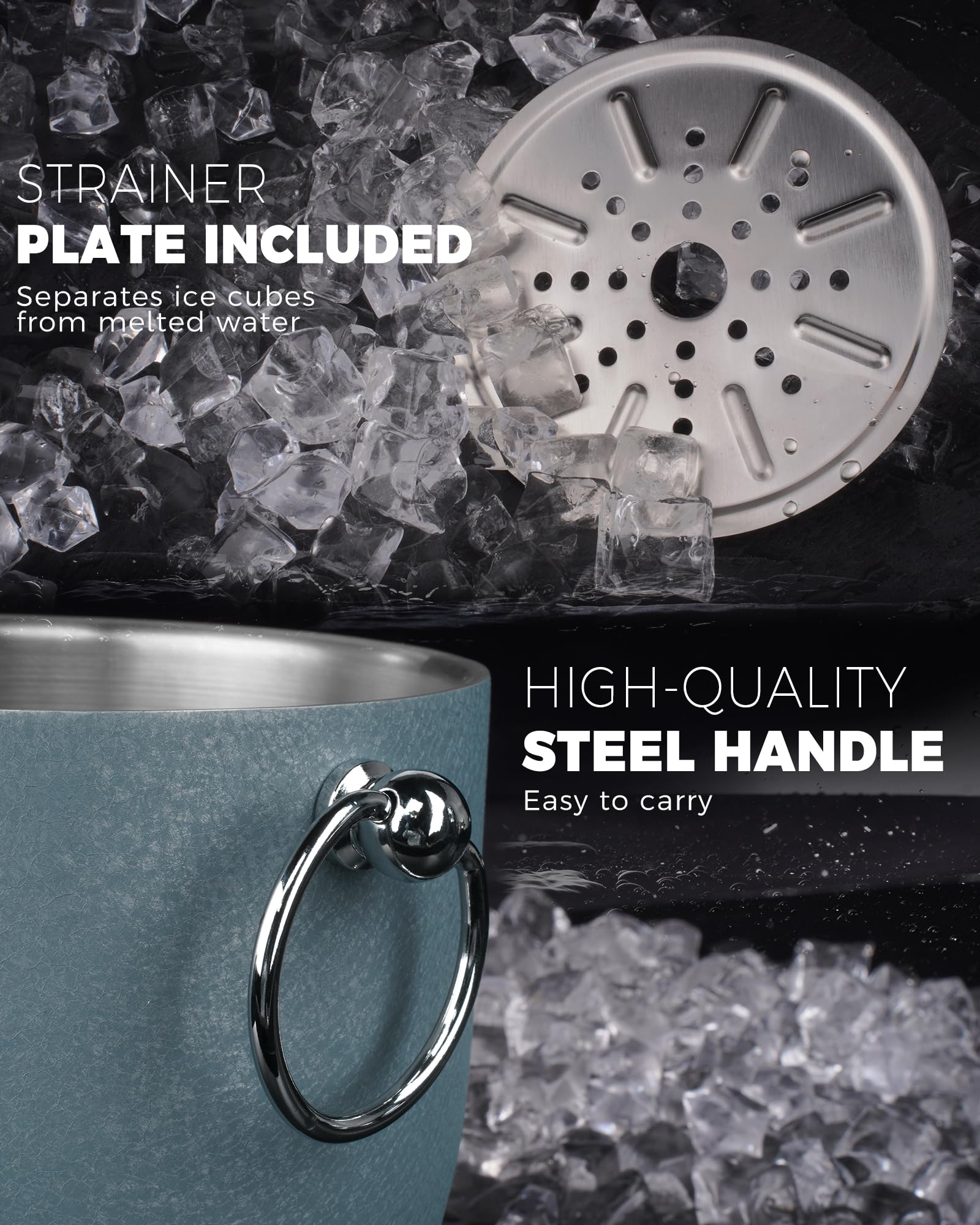 POLIVIAR 2.5L Stainless Steel Ice Bucket with Lid - Double Wall Insulated Cocktail Ice Bucket with Tong & Strainer - Perfect for Home Bars, Parties, Weddings & Outdoor Events - Keeps Ice Cold Longer for Drinks & Beverages
