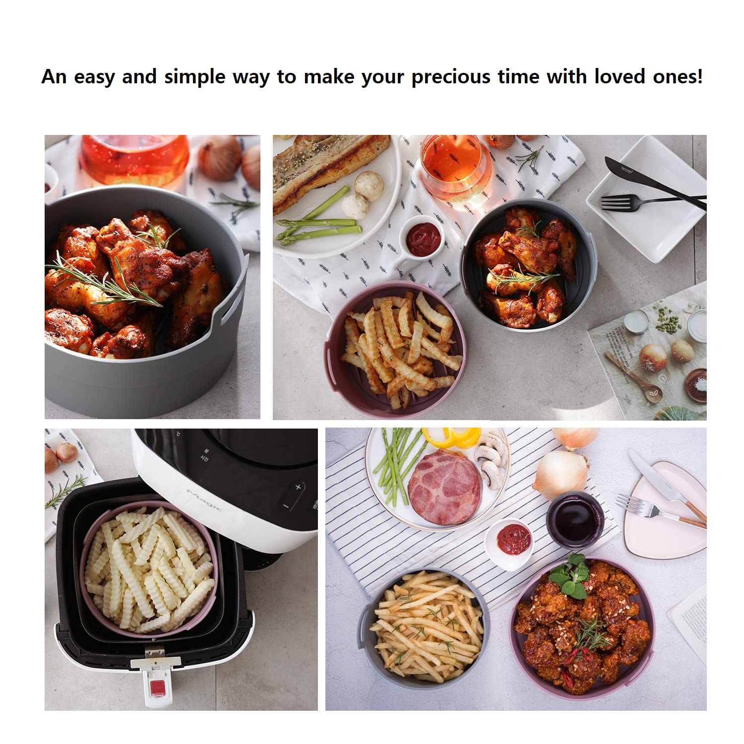 Premium Air Fryer Silicone Pot & Basket Set - 6.3 Inch Food Safe Non-Stick Accessories for Philips, Ninja, Cosori - Easy Clean Replacement for Parchment Liners (Pink) - Perfect for Roasting, Baking & Frying Vegetables, Chicken Wings & Snacks