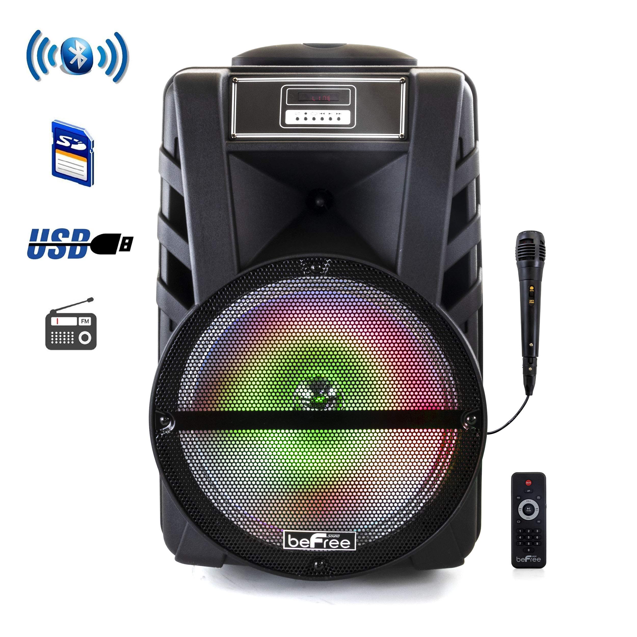 beFree Sound 12 Inch Bluetooth Speaker - Rechargeable Portable PA System with Dynamic LED Lights for Parties, Outdoor Events & Home Use - Black
