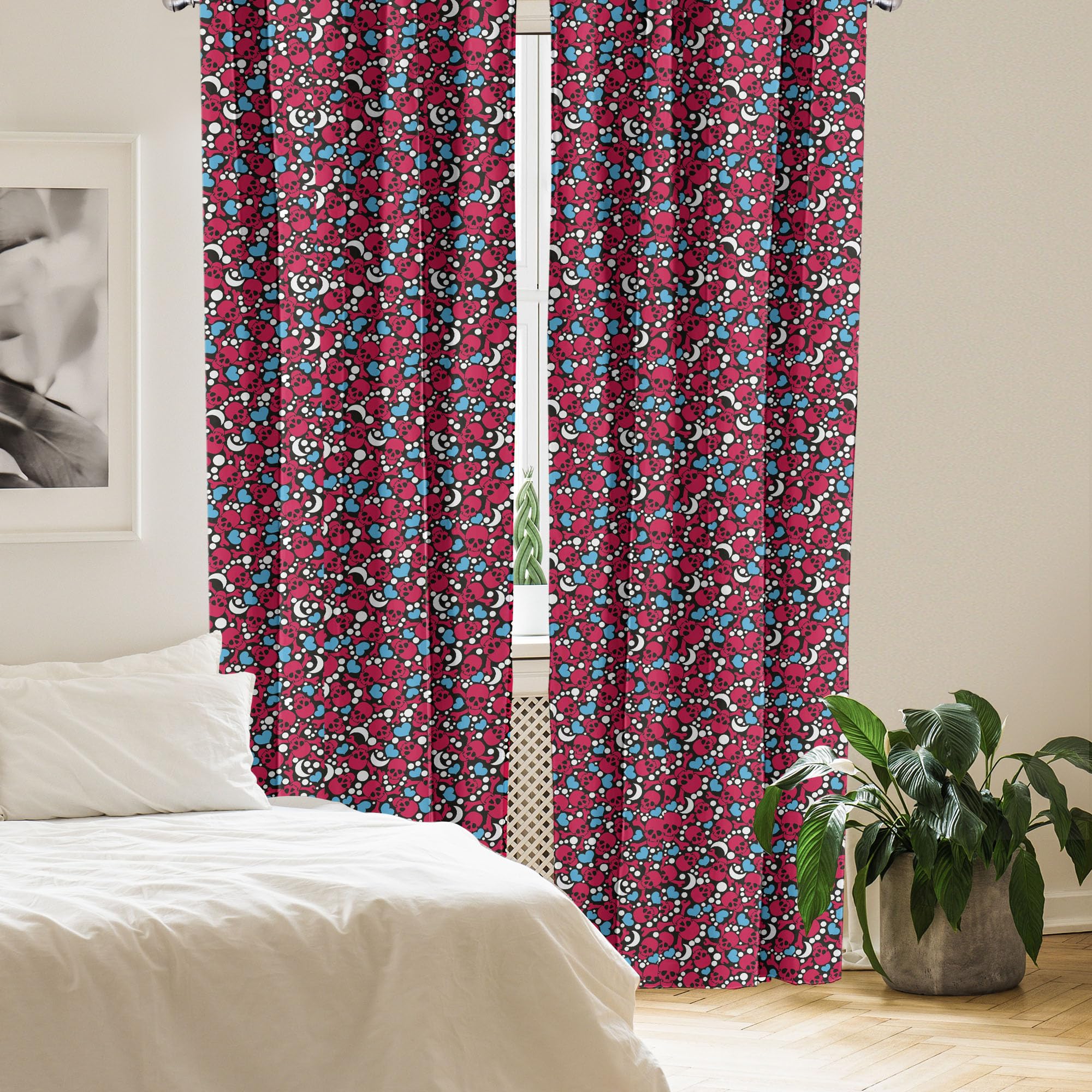 Ambesonne Gothic Skull Curtains - Black & Red Smiling Skulls with Hearts, Moons & Dots Print - 2 Panel Window Treatments (28x63 inches) for Living Room & Bedroom - Perfect for Halloween Decor, Horror Theme Rooms & Gothic Home Decor