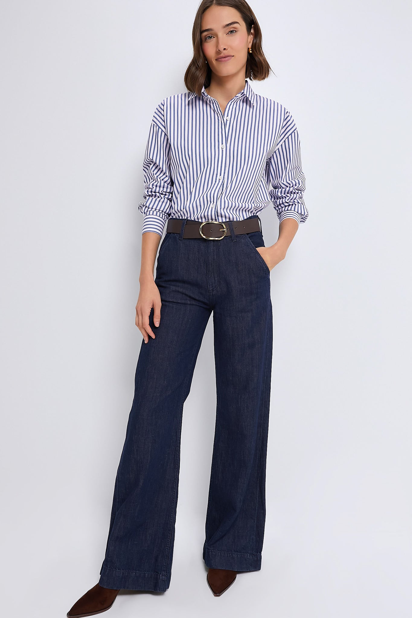 Blue Stripe Cropped Jasper Button Down Shirt for Women | Casual Office Wear & Summer Outfits | Lightweight Cotton Blouse with Short Sleeves