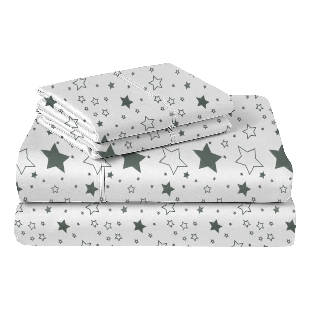 Premium 100% Cotton Twin Size Bed Sheets Set - Soft Breathable Grey Star Print Bedding for Kids & Teens - Perfect for Dorm Rooms, Guest Beds & Cozy Bedrooms