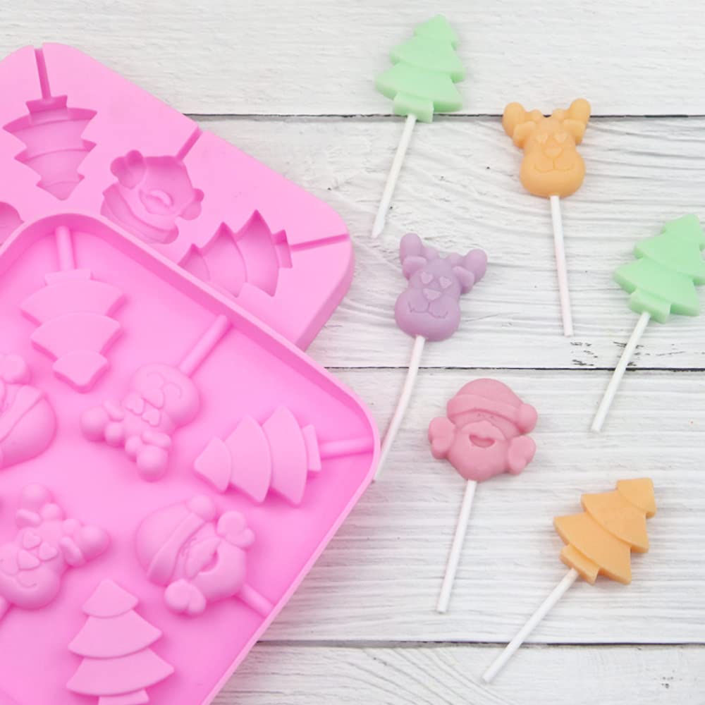 2PCS Christmas Lollipop Candy Molds - 8 Cavities Silicone Lollipop Molds for Chocolate & Hard Candy (Santa Claus, Christmas Tree, Reindeer) with Lollipop Sticks - Perfect for Holiday Baking, DIY Candy Making & Christmas Party Favors