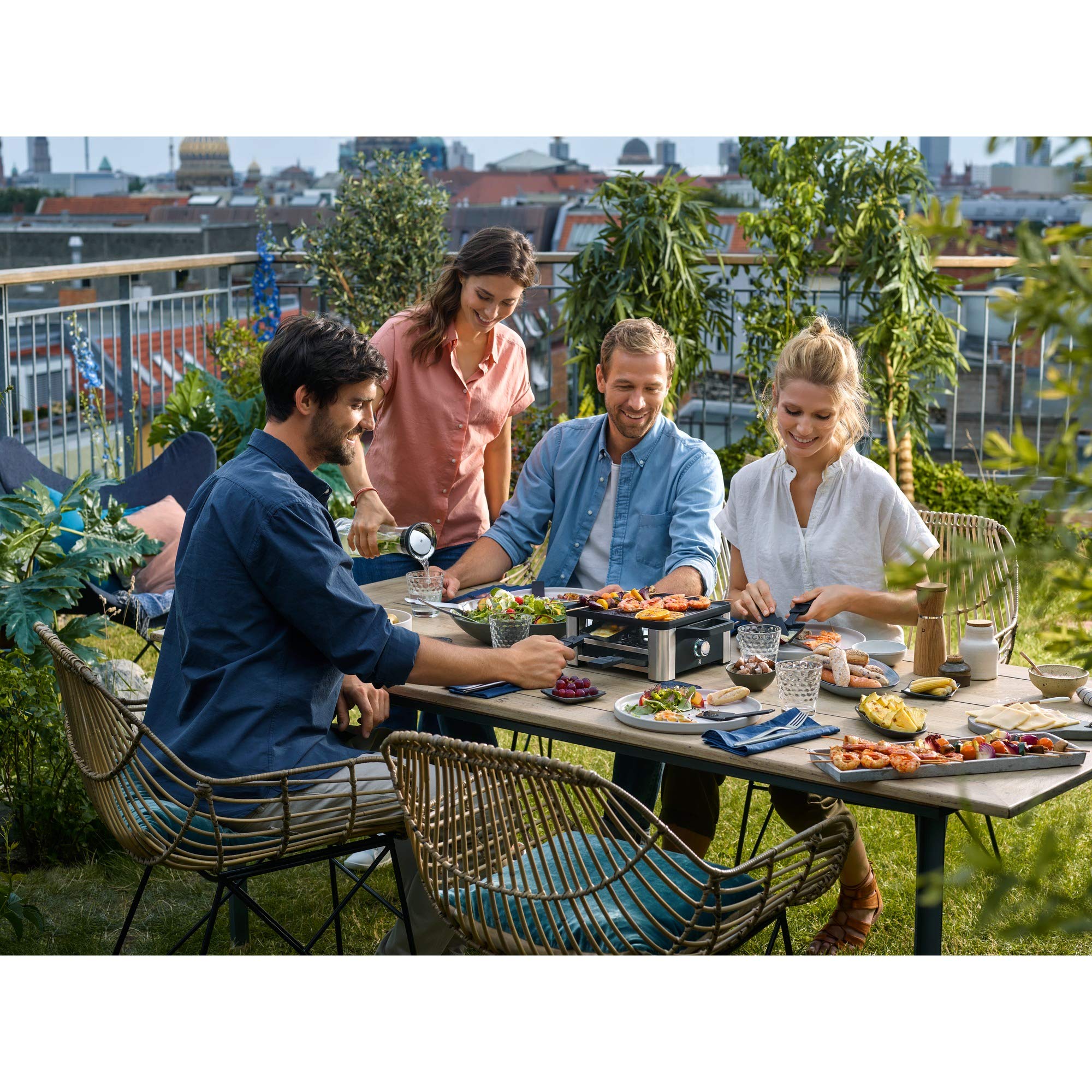 WMF Lono Raclette Grill with Pans & Spatulas - 4 Person Electric Raclette Set, 870W, Matte Stainless Steel - Perfect for Family Gatherings & Dinner Parties