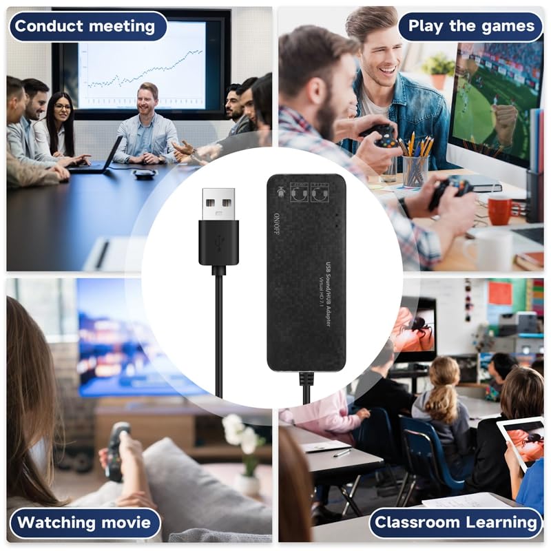 iFutniew 3-Port USB 2.0 Hub with 7.1 Channel External Sound Card - Headset & Microphone Adapter for PC (Black) - Perfect for Gaming, Streaming & Conference Calls