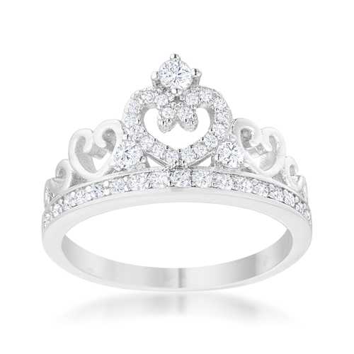 0.34ct CZ Heart Crown Ring in Rhodium - Elegant Aurora Jewelry for Women, Perfect for Valentine's Day, Anniversary & Romantic Gifts
