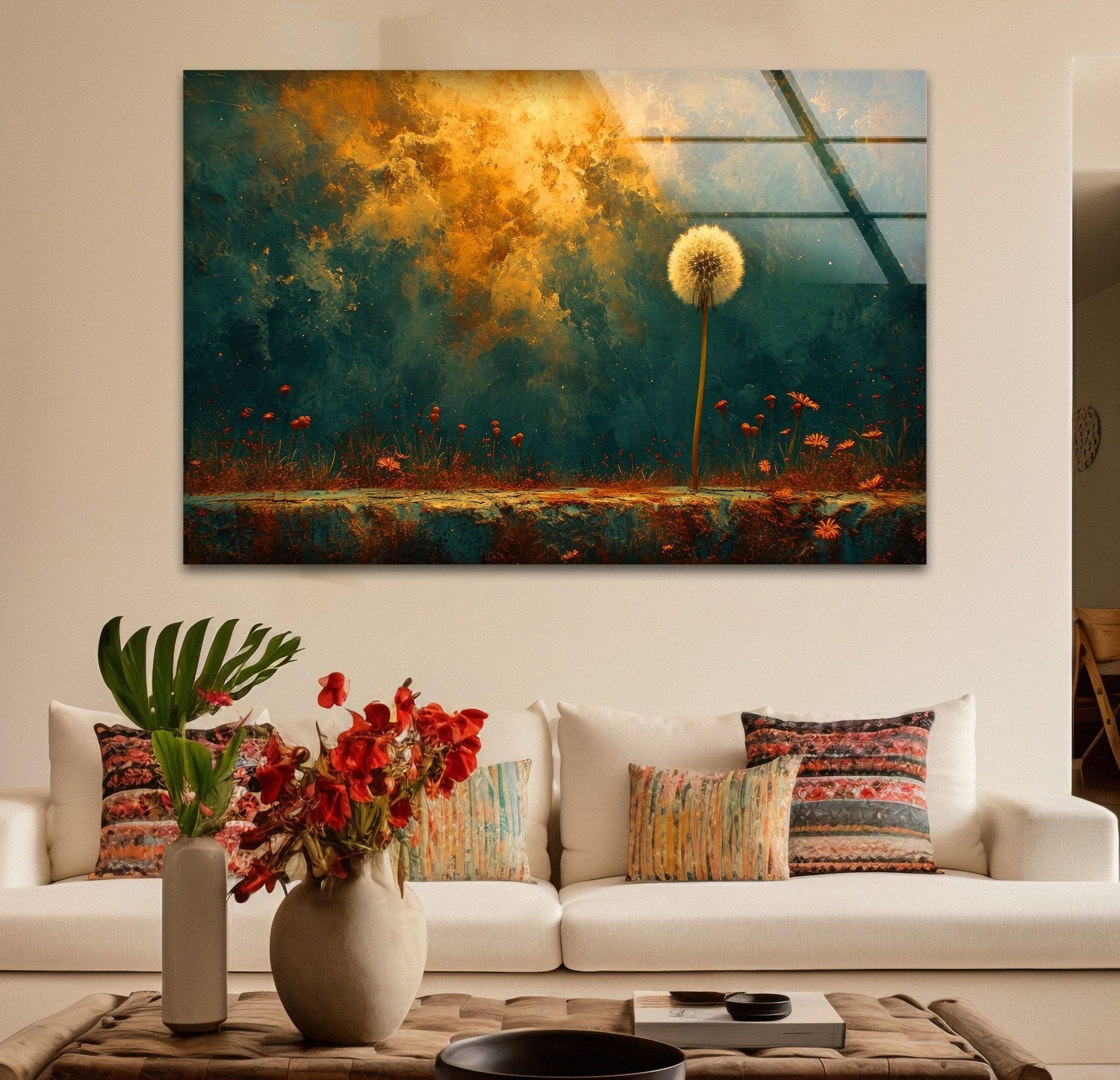 Abstract Dandelion Glass Wall Art - Handmade Modern Home Decor for Living Room, Bedroom & Office - Unique Glass Wall Hanging for Boho, Contemporary Interior Design