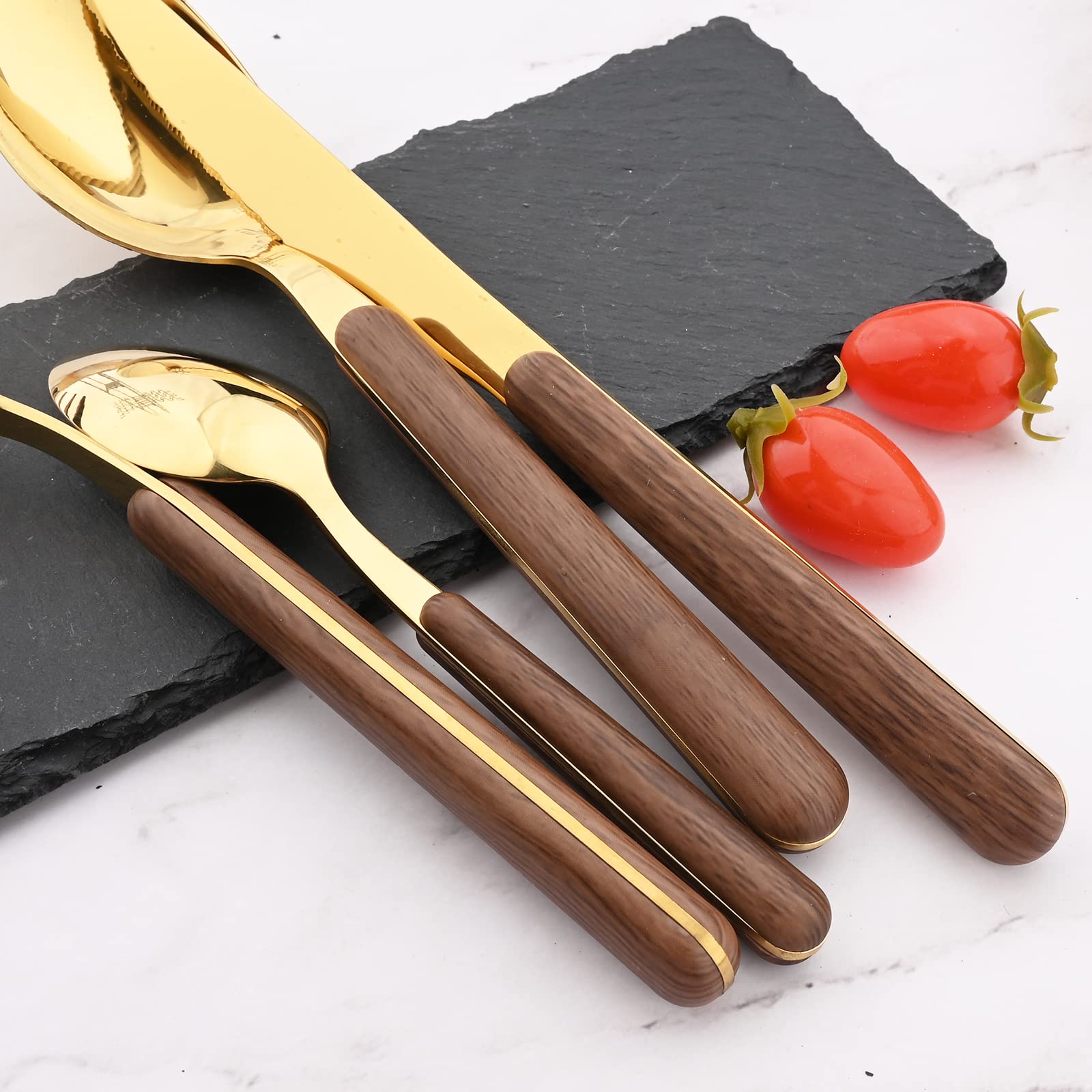 24-Piece Wooden Handle Flatware Set for 6 - Stainless Steel Silverware with Mirror Finish (Dinner Knife, Fork, Spoon, Teaspoon) - Dishwasher Safe & Rustproof - Elegant Gold Cutlery Set for Dining, Wedding, Party & Home Kitchen Use