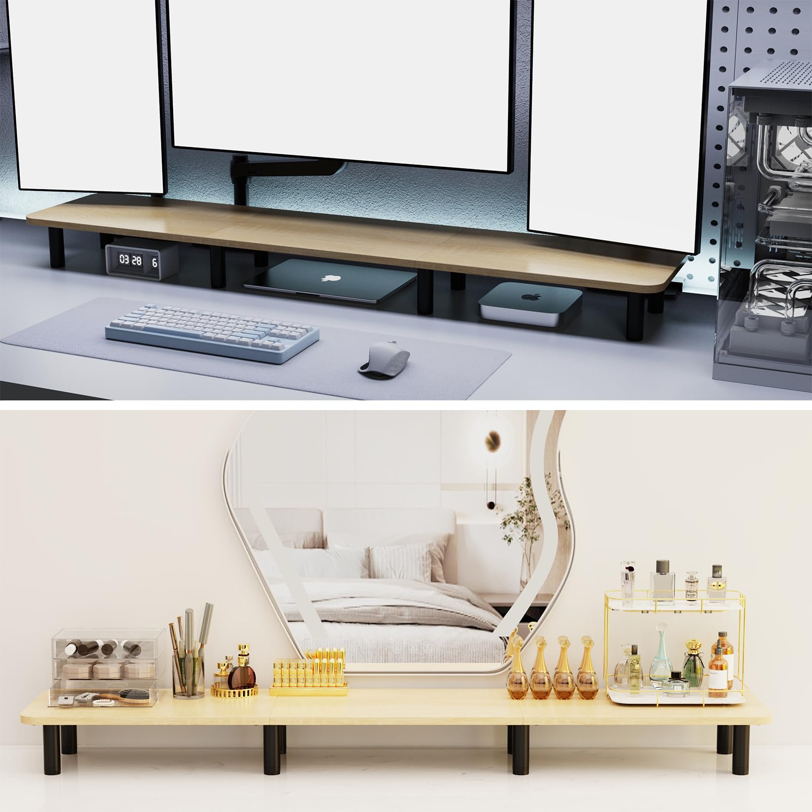 WEGASTU 43.7 Inch Extra Long Dual Monitor Stand Riser - Adjustable Height Wood & Steel TV Stand for 2 Monitors - Wide Desktop Organizer for Home Office Setup (Natural Finish) - Perfect for Multi-Screen Workstations and Ergonomic Workspaces