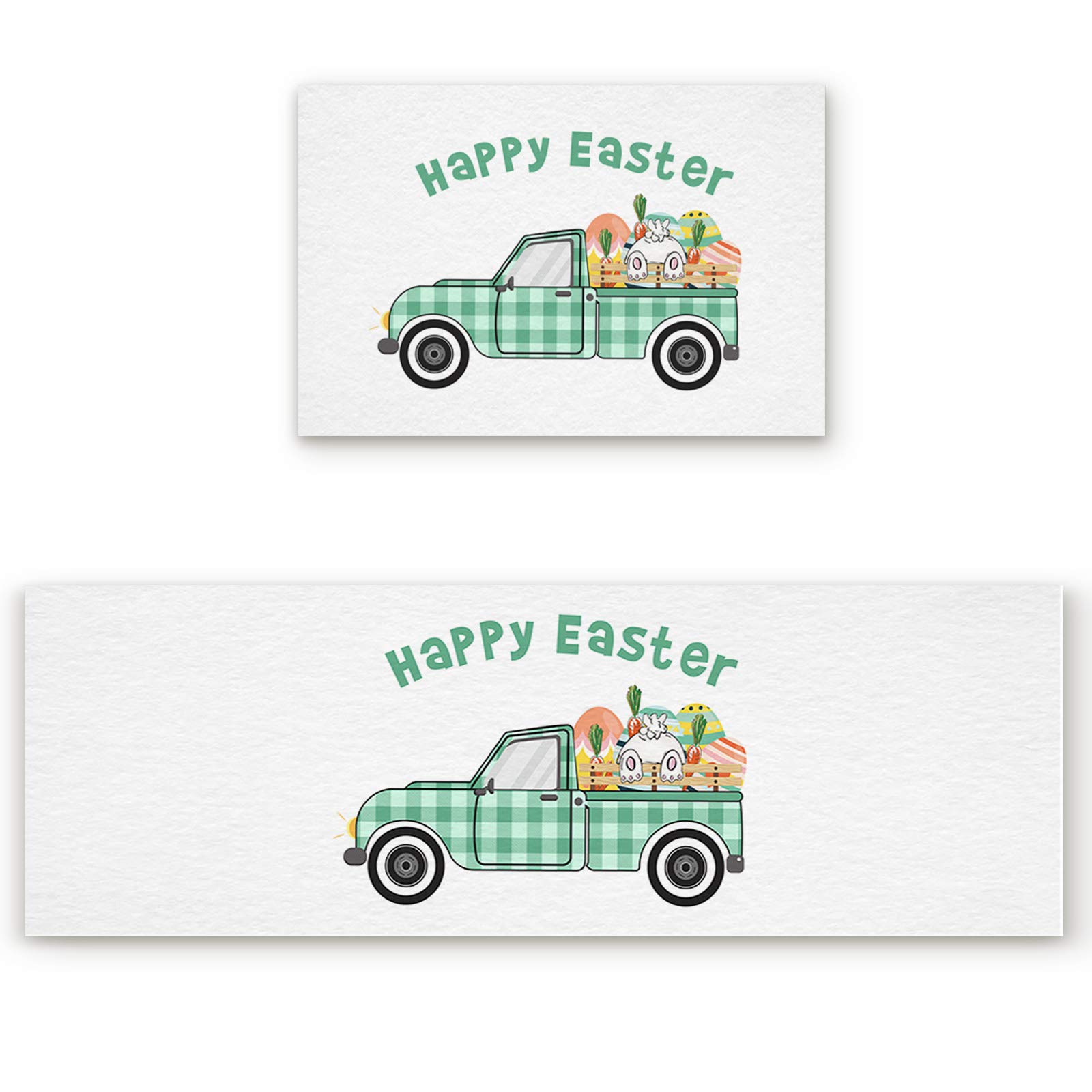 Queener Home Teal Grid Truck with Bunny Tail and Eggs - Set of 2 Washable Non-Slip Kitchen Rugs and Mats, Rubber Backing Floor Doormat & Comfort Area Runner Rug for Indoor Use - Perfect for Easter Decor, Kitchen, Entryway, and Living Room