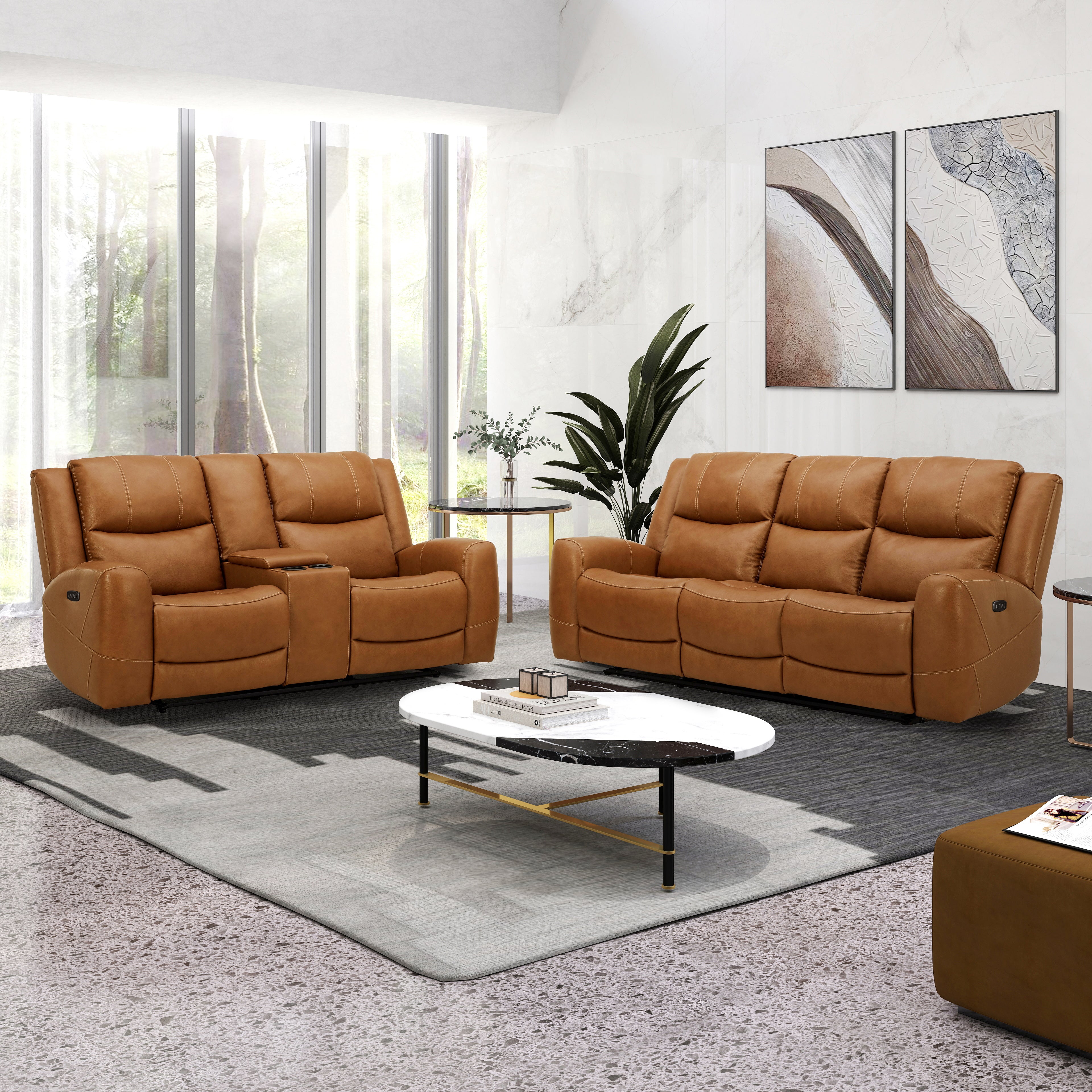 Roundhill Furniture Cozura Genuine Leather Power Reclining Sofa Set - 3-Piece Living Room Sectional with USB Charging & Cup Holders | Perfect for Home Theater, Family Gatherings & Relaxing Evenings