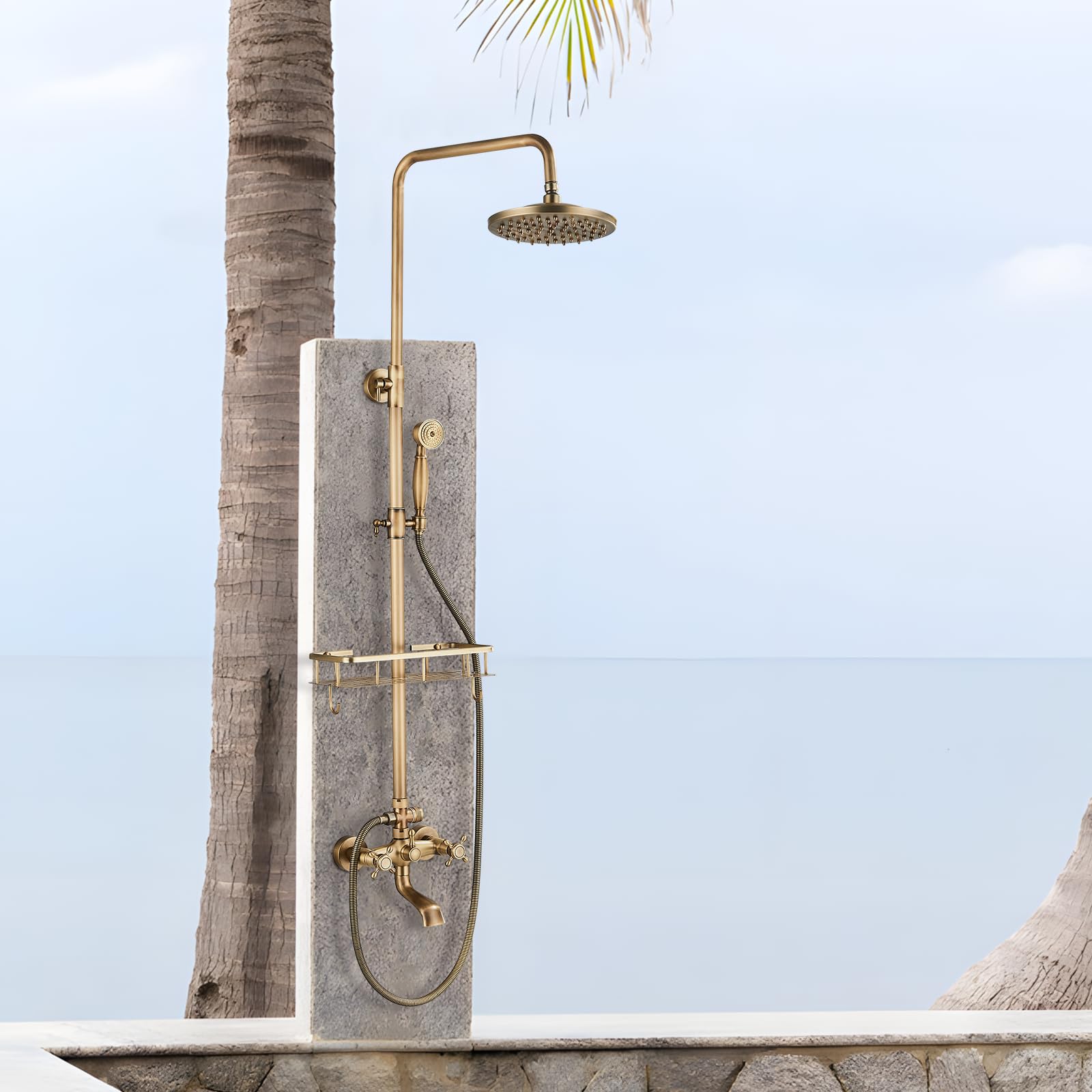 Antique Brass Shower Fixture Set - 8 Inch Rainfall Shower Head with Handheld Sprayer, Waterfall Tub Spout & Wall Mounted Shower Shelf | Bathroom Shower System for Indoor/Outdoor Use | Perfect for Spa-Like Experience & Luxury Bathroom Upgrade