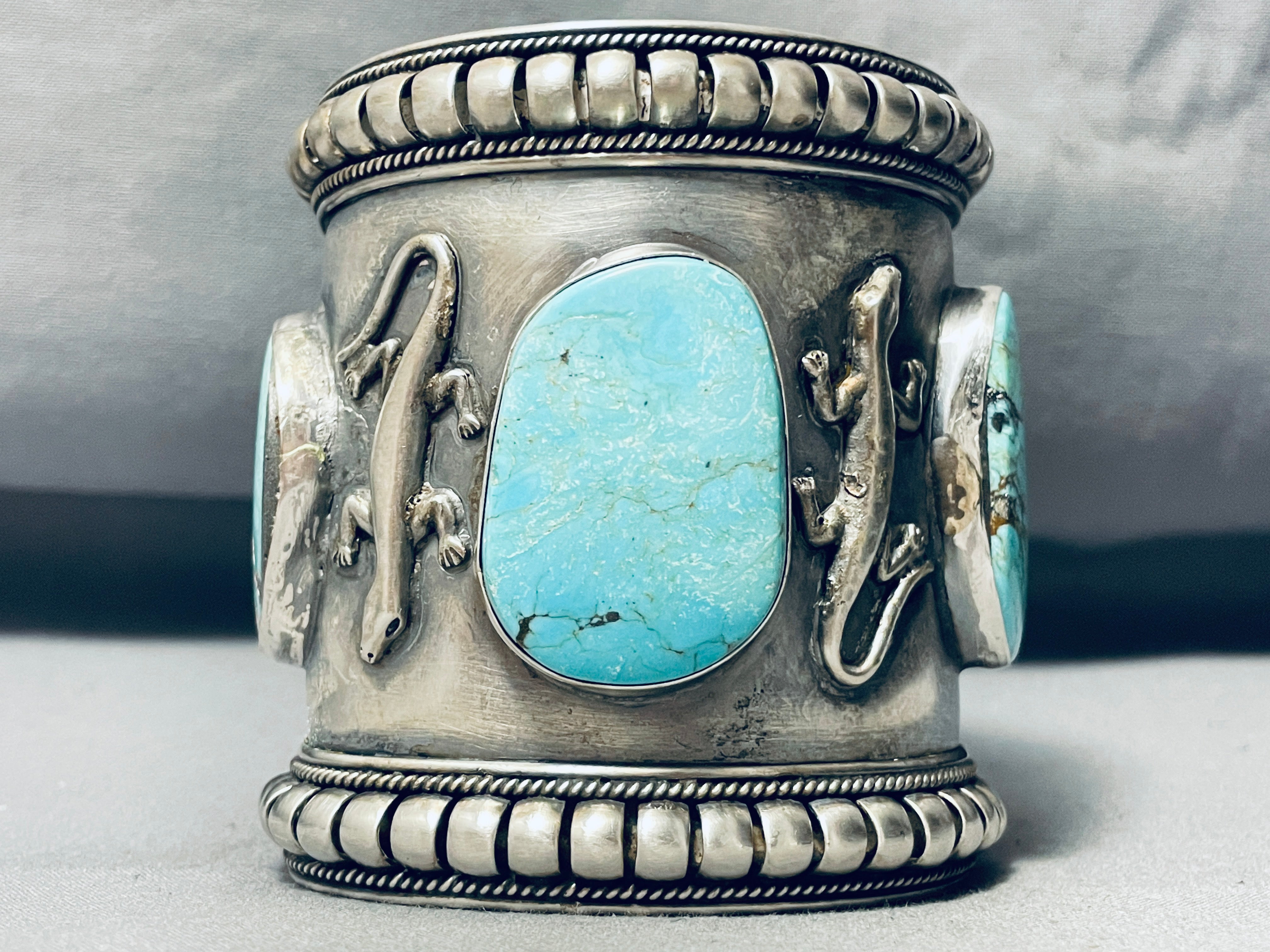 Authentic Native American Navajo Turquoise Sterling Silver Bracelet - 160 Gram Handmade Gecko Design Jewelry for Women, Perfect for Boho Fashion & Spiritual Healing