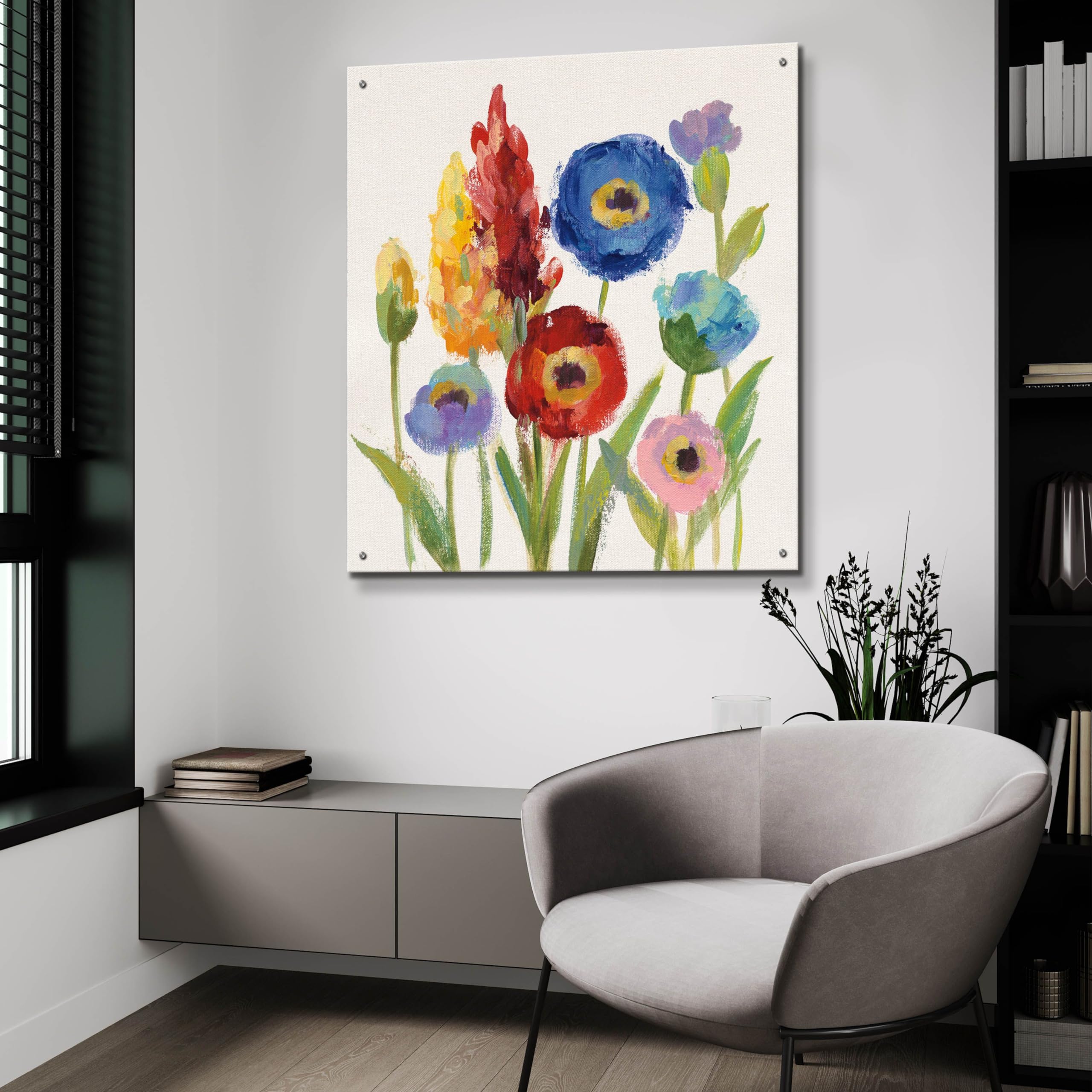 Wild Garden I by Silvia Vassileva - 36x36 Inch Modern Acrylic Glass Wall Art Painting - Vibrant Floral Home Decor for Living Room, Bedroom & Office