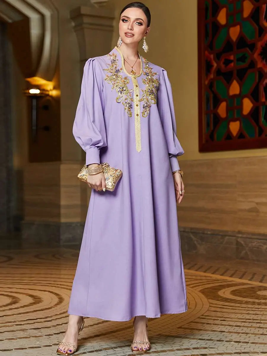 Elegant Hand-Stitched Rhinestone Lace Applique Caftan Dress for Women | Boho Chic Beach Cover Up, Evening Gown & Summer Party Wear