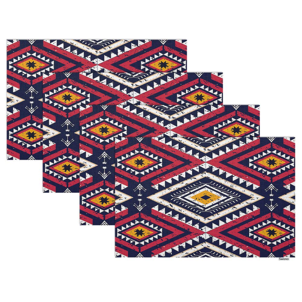 Swono African Ethnic Placemat Set of 4 - Abstract Red Geometric Oriental Pattern Table Mats for Dining & Kitchen (12