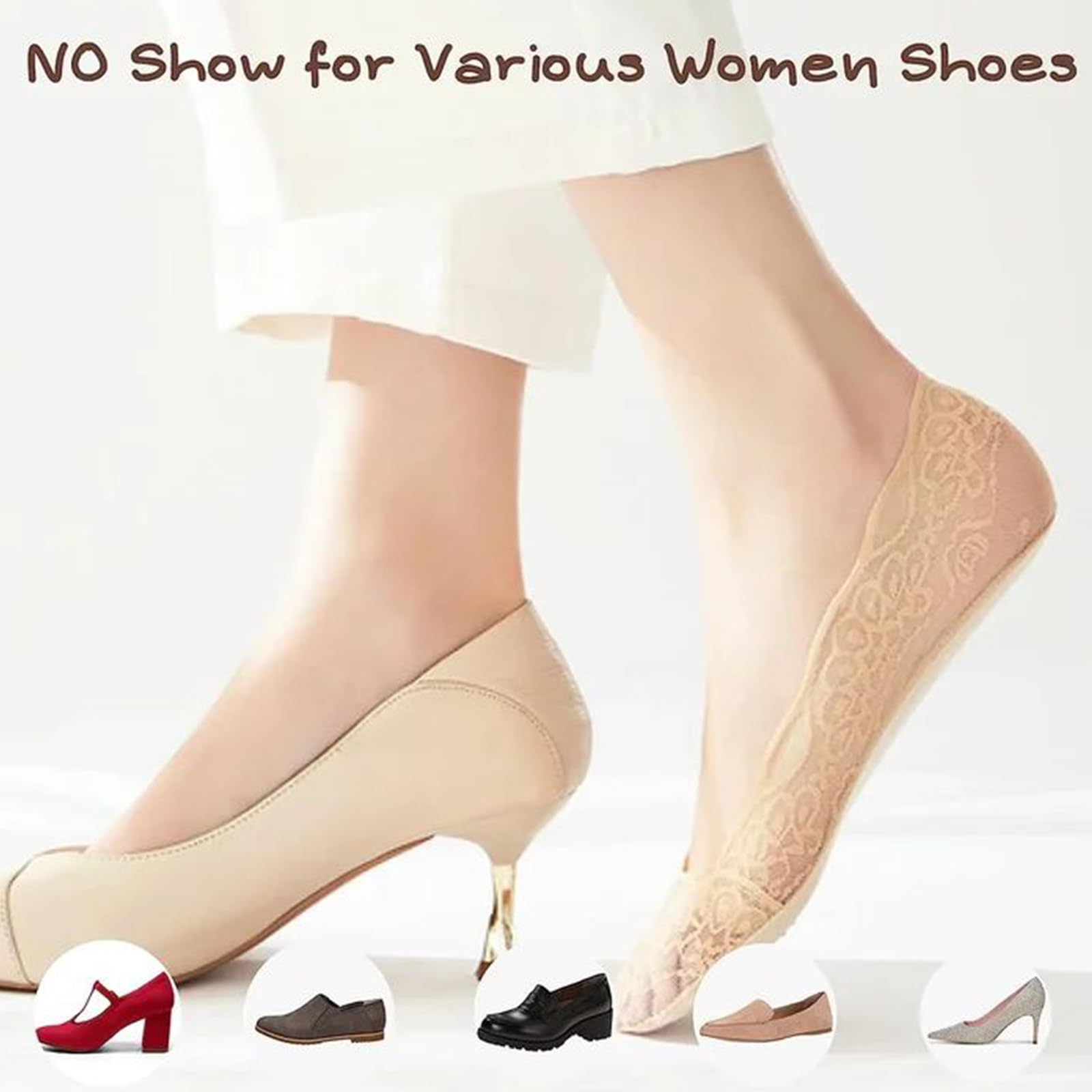 Lace No Show Socks for Women - 5 Pairs Breathable Non-Slip Boat Liners | Comfortable Invisible Socks for Flats, Loafers & Sneakers | Perfect for Work, Travel & Everyday Wear