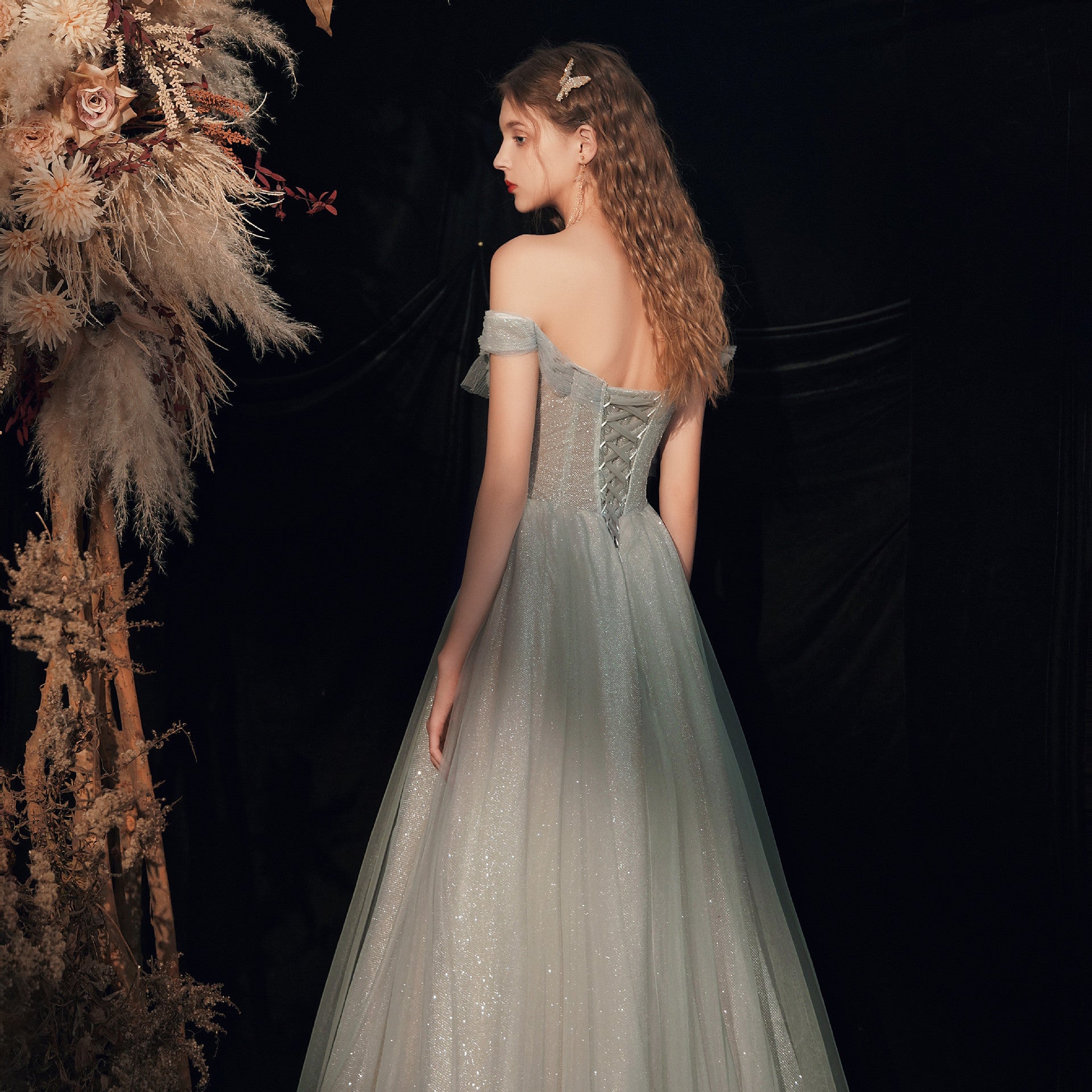 Elegant Off Shoulder Light Green Gray Prom Dress with Tulle Skirt - Long Formal Evening Gown for Homecoming, Wedding Party & Special Occasions