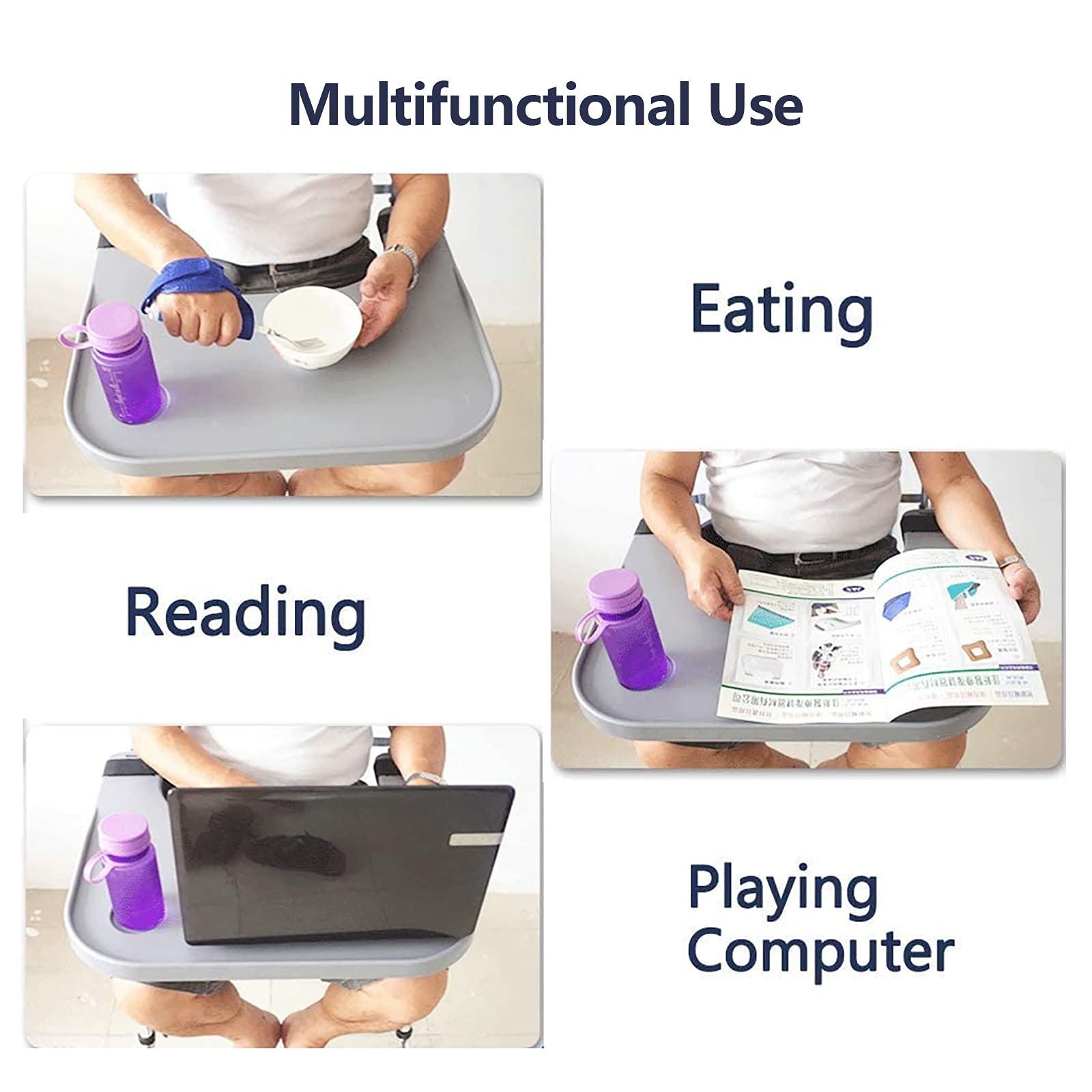 Adjustable Wheelchair Tray Table for Adults & Seniors - Removable ABS Plastic Wheelchair Table with 2 Cup Holders, Portable Eating & Reading Tray - Ideal for Dining, Working, Studying & Daily Activities (Gray)