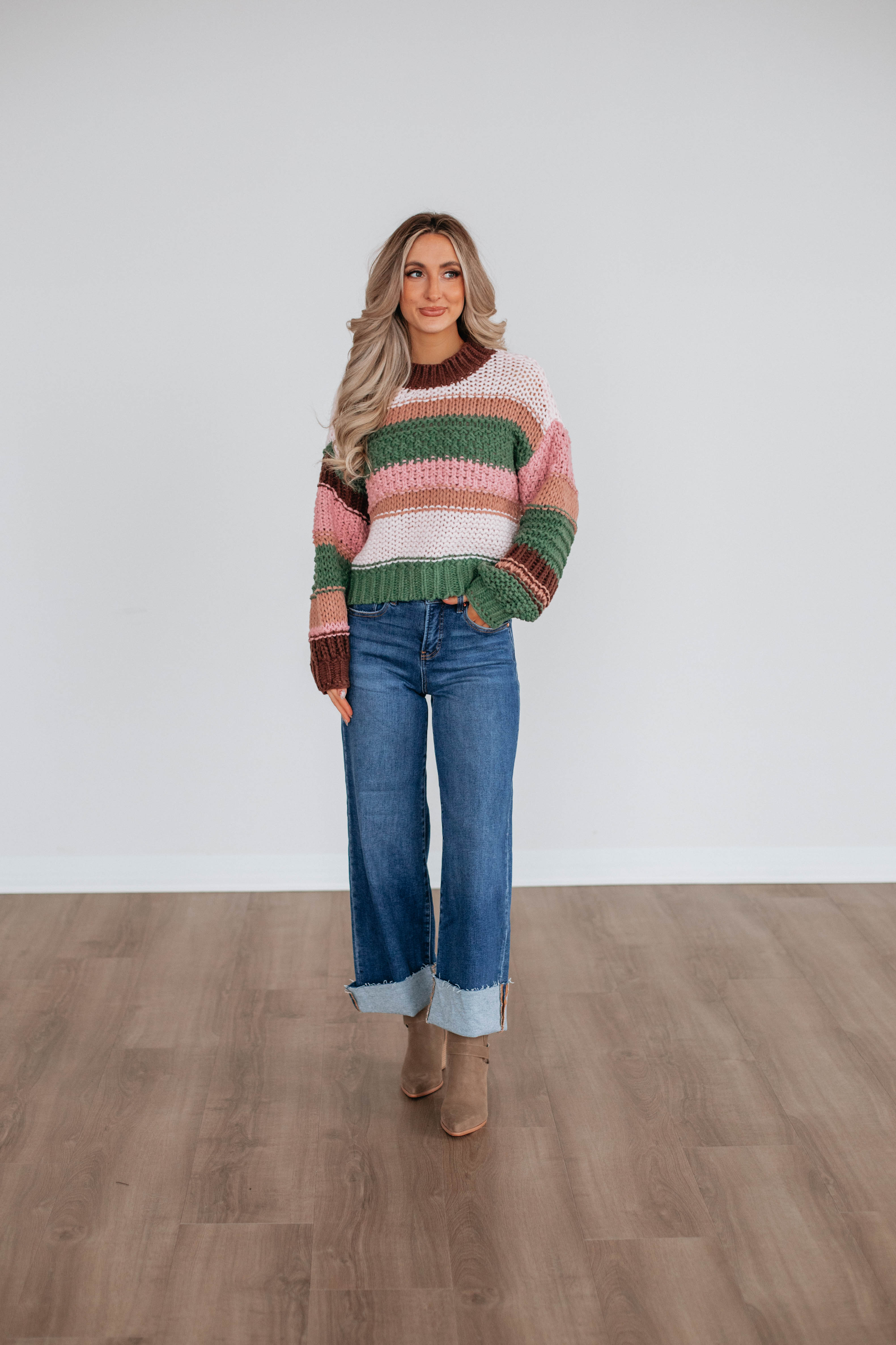 Celia Colorblock Sweater for Women | Trendy Basil Green & White Knit Pullover | Cozy Winter Fashion for Casual Outings & Office Wear