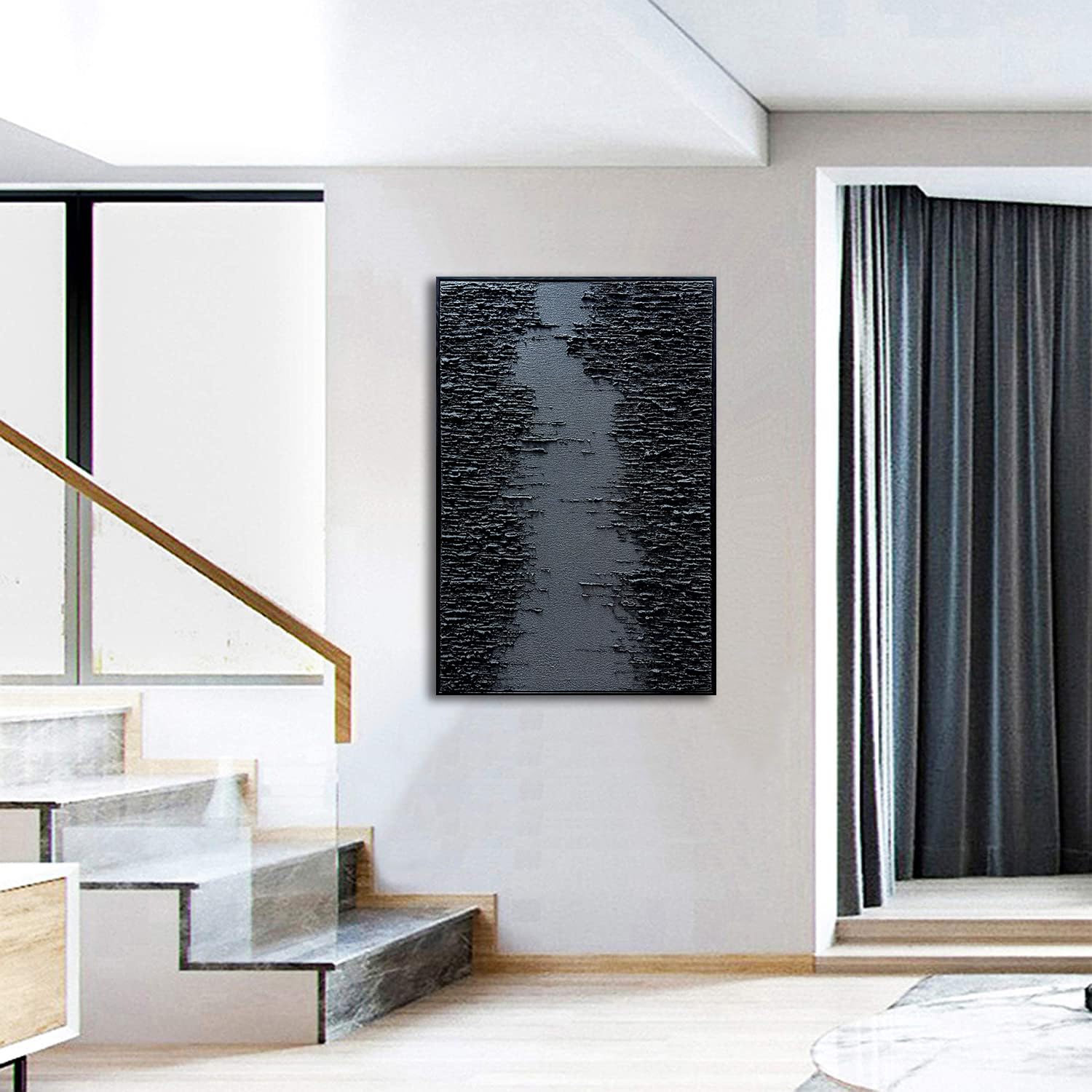 Framed Black Canvas Wall Art - Modern Abstract Oil Painting with Relief Texture - Elegant Home Decor for Living Room, Bedroom & Office - Perfect for Wall Decor & Interior Design