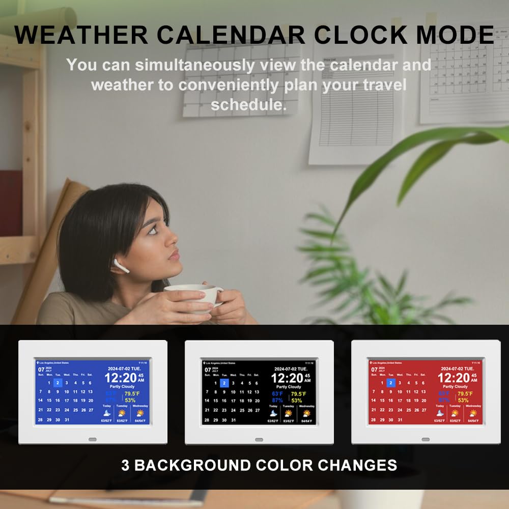 7 Inch Digital Weather Clock with Temperature & Humidity Display - Alarm Clock with Indoor/Outdoor Sensor (White) - Perfect for Home, Office, and Bedroom Use