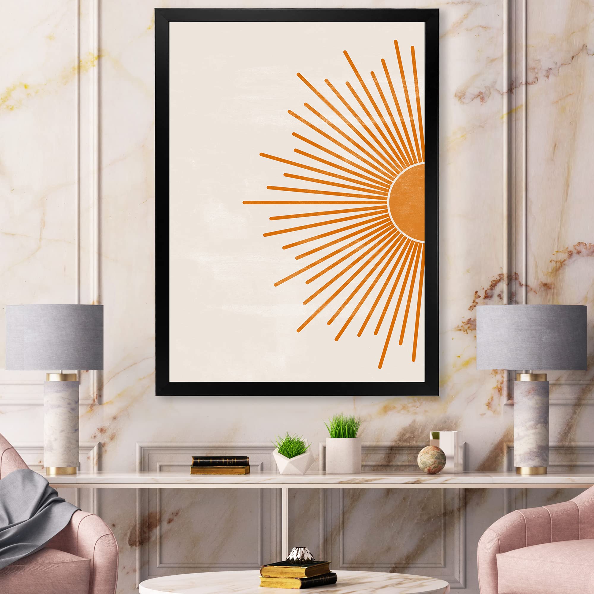 DesignQ Orange Sun Print - Modern Framed Wall Art Decor for Living Room, Bedroom & Office | Vibrant Abstract Painting for Home & Office Spaces