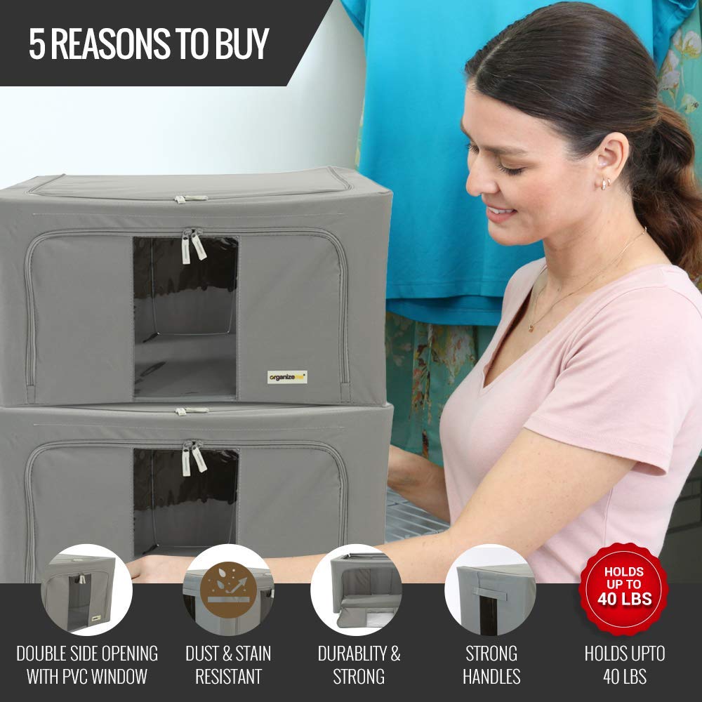 Foldable Clothes Storage Organizer - Large Capacity Collapsible Closet Box with Strong Handles & Sturdy Zippers - Premium Fabric for Blankets, Seasonal Clothes & Bedding - Under Bed Storage Solution (2-Pack, Grey) - Perfect for Small Spaces, Dorm Rooms & Home Organization