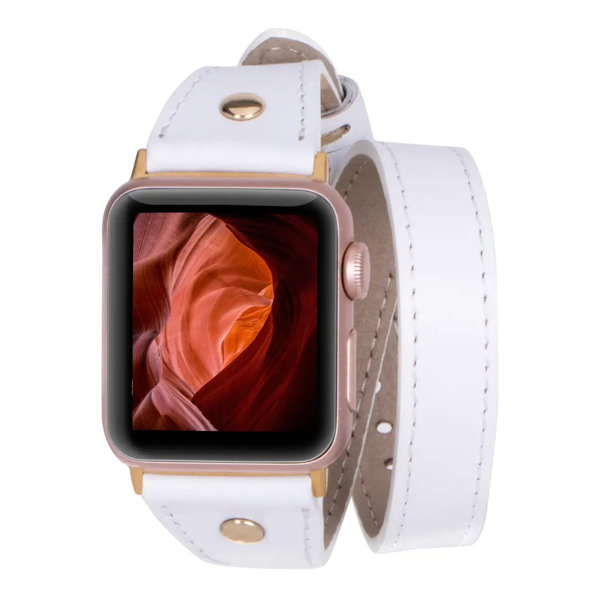 Slim White Leather Double Tour Apple Watch Band with Gold Rivet - Elegant & Durable Strap for Work, Fitness & Everyday Wear