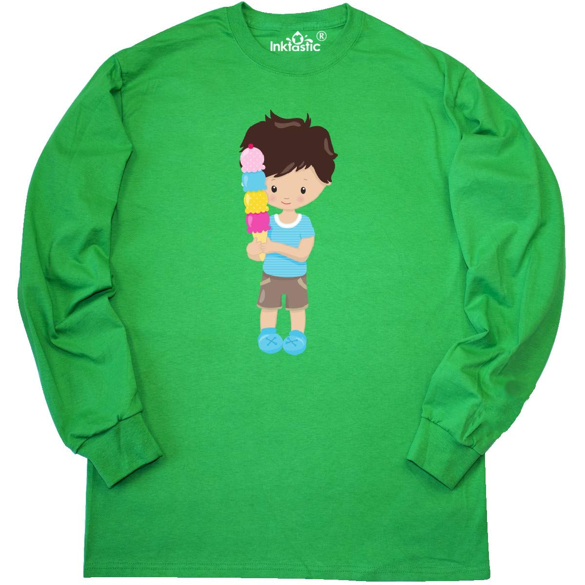 Inktastic Boy with Ice Cream Cone Print Brown Hair Long Sleeve T-Shirt for Kids - Perfect for Summer Outings, Birthday Parties & Casual Wear