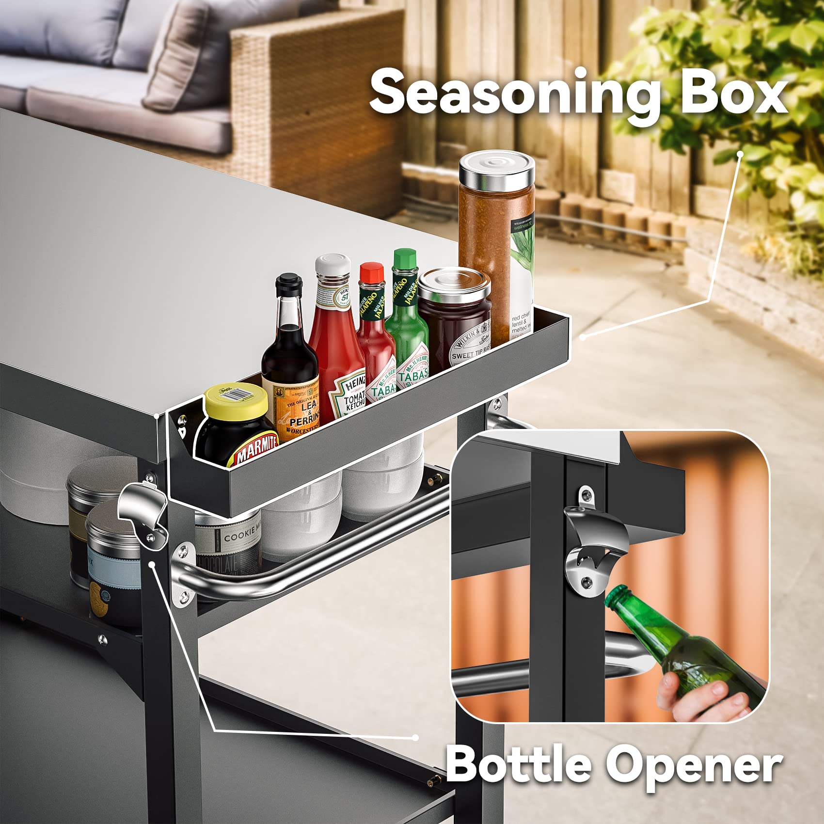 **Skyflame Portable Outdoor Dining Cart with 3-Tier Stainless Steel Shelves – Heavy-Duty BBQ Grill Cart, Mobile Food Prep Table with Wheels for Kitchen, Pizza Oven, Patio & Backyard Grilling – Perfect for Outdoor Cooking, Entertaining & Camping**