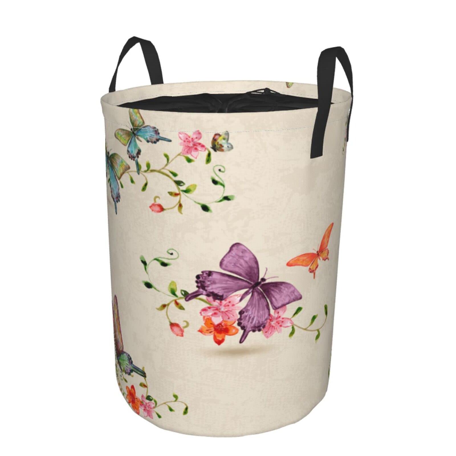 Wozukia Waterproof Collapsible Laundry Hamper - Floral Butterfly Design Beige Drawstring Laundry Basket for Home, Office & Nursery | Space-Saving Storage for Toys, Clothes & Linens
