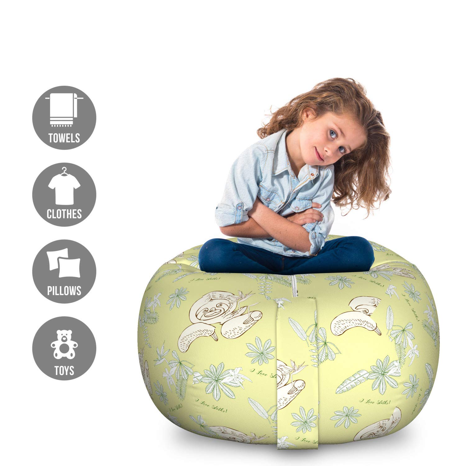 Ambesonne Funny Sloth Storage Bag Chair - Large Washable Stuffed Animal Organizer with Lazy Animal Sketch & I Love Sloths Typography in Green Reseda | Perfect for Kids' Room, Playroom & Toy Storage Organization