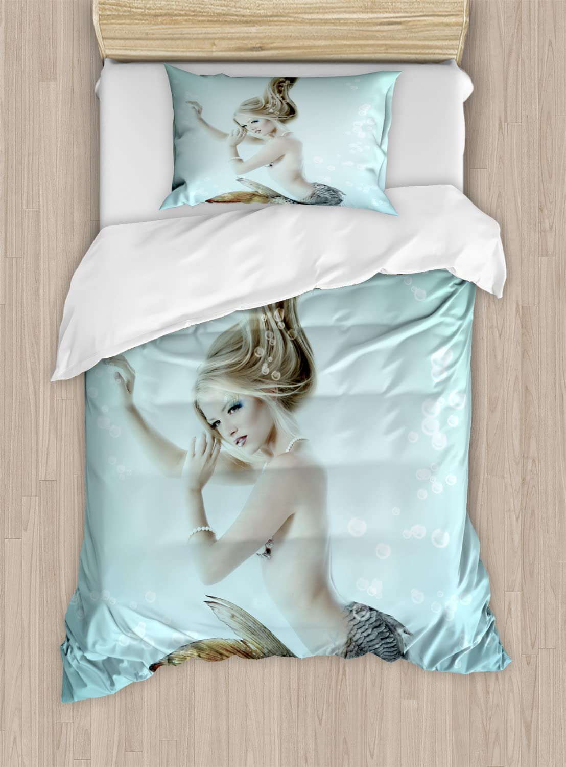 Ambesonne Mermaid Duvet Cover Set - Underwater Themed Bedding with Floating Girl & Water Bubbles Art Print, 2 Twin Size Duvet Covers & 2 Pillowcases, Seafoam Beige & Brown - Perfect for Kids' Rooms, Beach Themed Decor & Fantasy Bedroom Designs