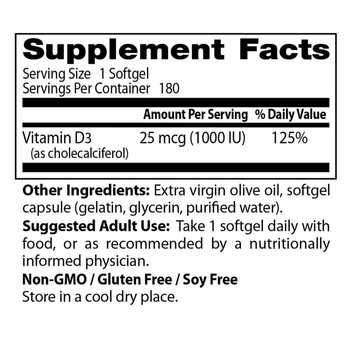 Doctor's Best Vitamin D3 25 mcg (1000 IU) 180 Softgels - Supports Bone Health & Immune System - Ideal for Daily Supplement & Winter Wellness