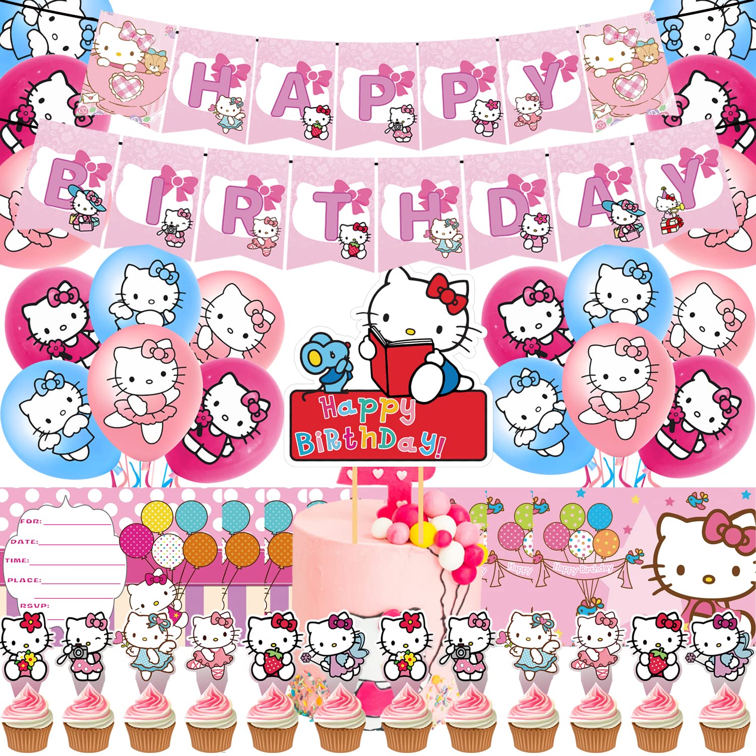 Kitty Cat Party Decorations Set - Includes Banner, Cake Topper, Balloons & Stickers for Kitty Themed Birthday Party | Perfect for Kitty Lovers, Baby Showers & Themed Celebrations