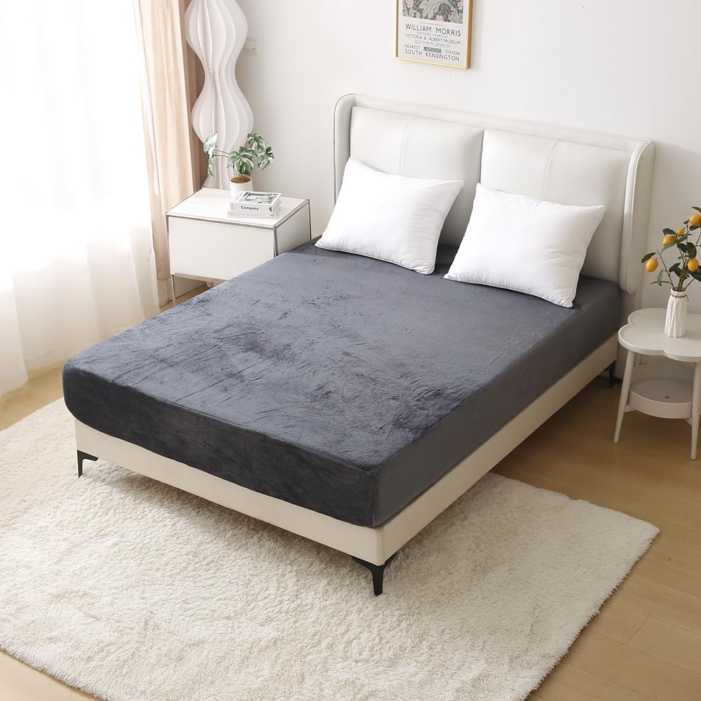 Nokolulu Queen Size Fleece Fitted Sheet - Ultra Soft Fuzzy Velvet Bottom Sheet with 18