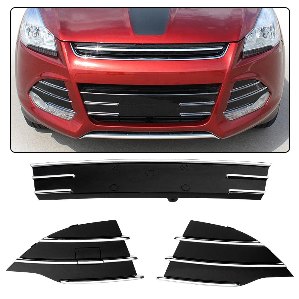 3Pcs Chrome & Black Front Bumper Lower Grille Fog Light Covers Compatible with Ford Escape/Kuga 2013-2016 | Durable Triangle Grill Cover for Enhanced Style & Protection | Perfect for Off-Roading, Car Shows & Daily Driving