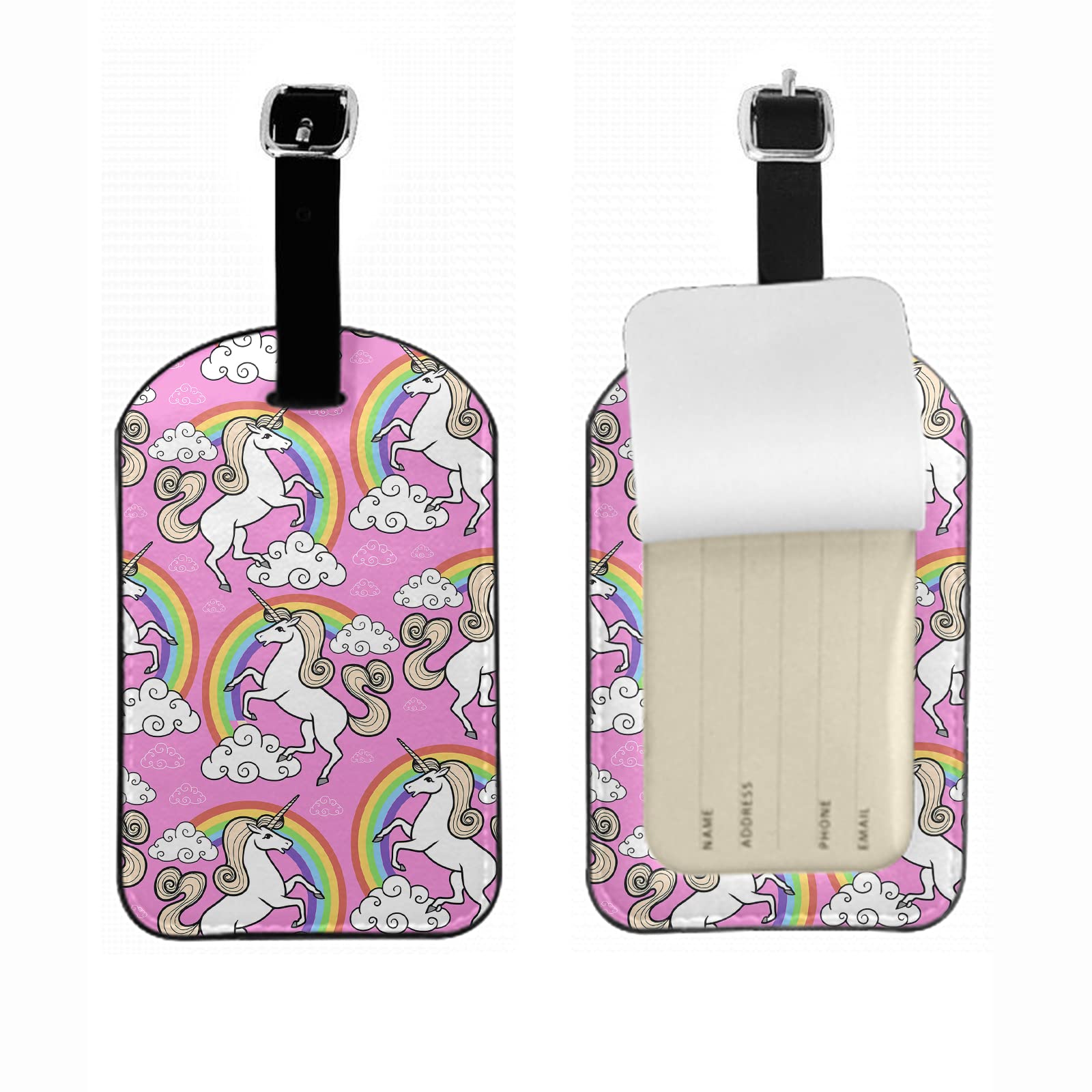 Cartoon Unicorn Luggage Tags - Colorful Rainbow Clouds Magic Fairy Tale Pink Travel Bag Tags with Privacy Cover & Leather Strap (1 Pack) - Perfect for Suitcases, Handbags, Backpacks & Travel Accessories