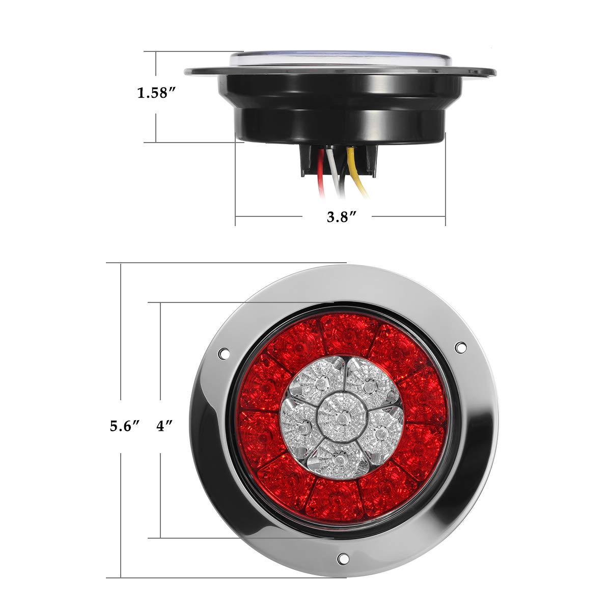 Partsam 4Pcs 4 Inch Round LED Trailer Tail Lights - White & Red Flange Mount with Reflectors, 16 LED DC 12V Waterproof Stop Brake Tail Running Reverse Backup Lights for RV Trailer Trucks - Perfect for Night Driving and Enhanced Road Safety
