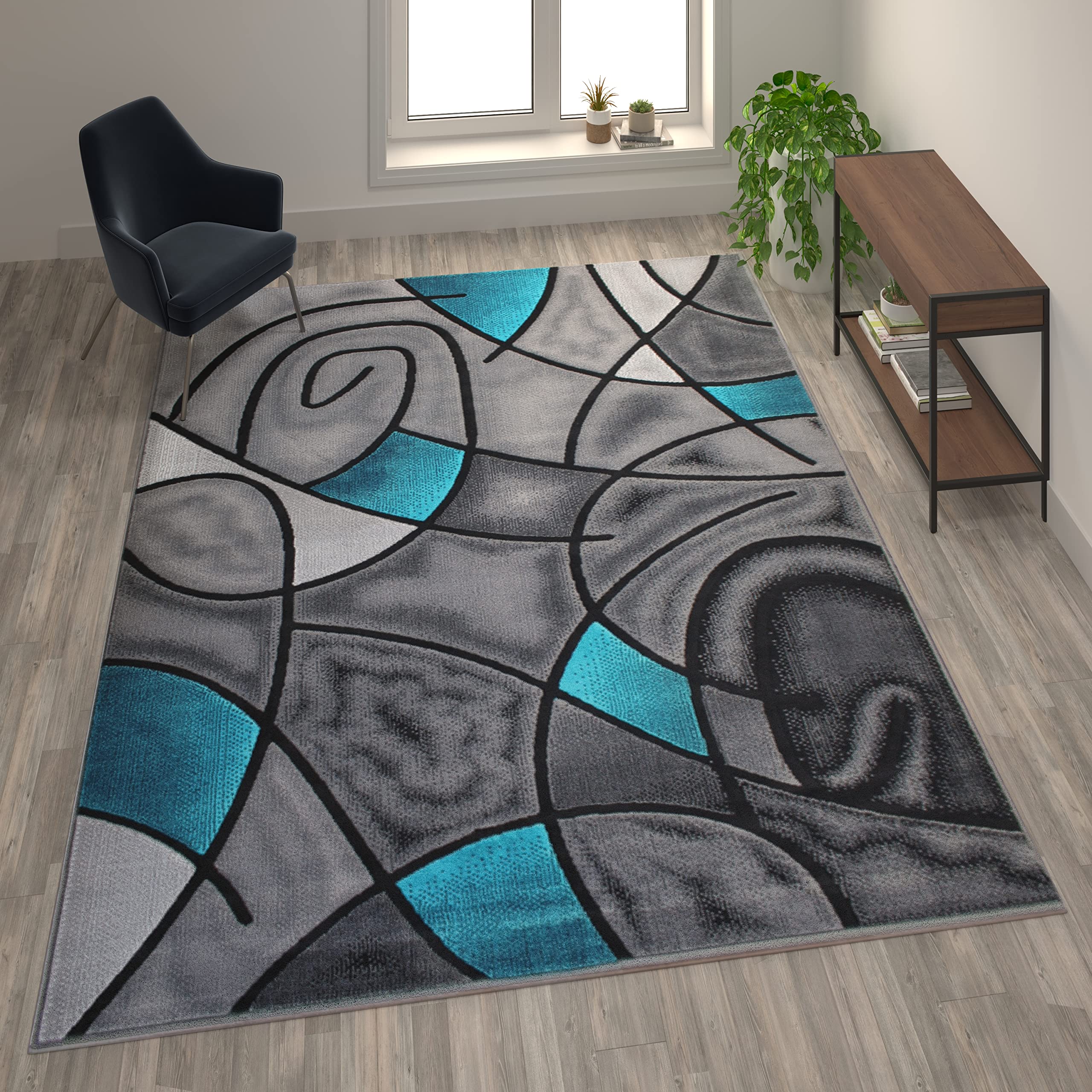Flash Furniture Jubilee Collection Abstract Area Rug - Colorfast Turquoise Olefin Rug - 8' x 10' Indoor Rug with Jute Backing - Modern Home Decor for Living Room, Bedroom & Family Room - Soft & Durable Floor Covering for High Traffic Areas