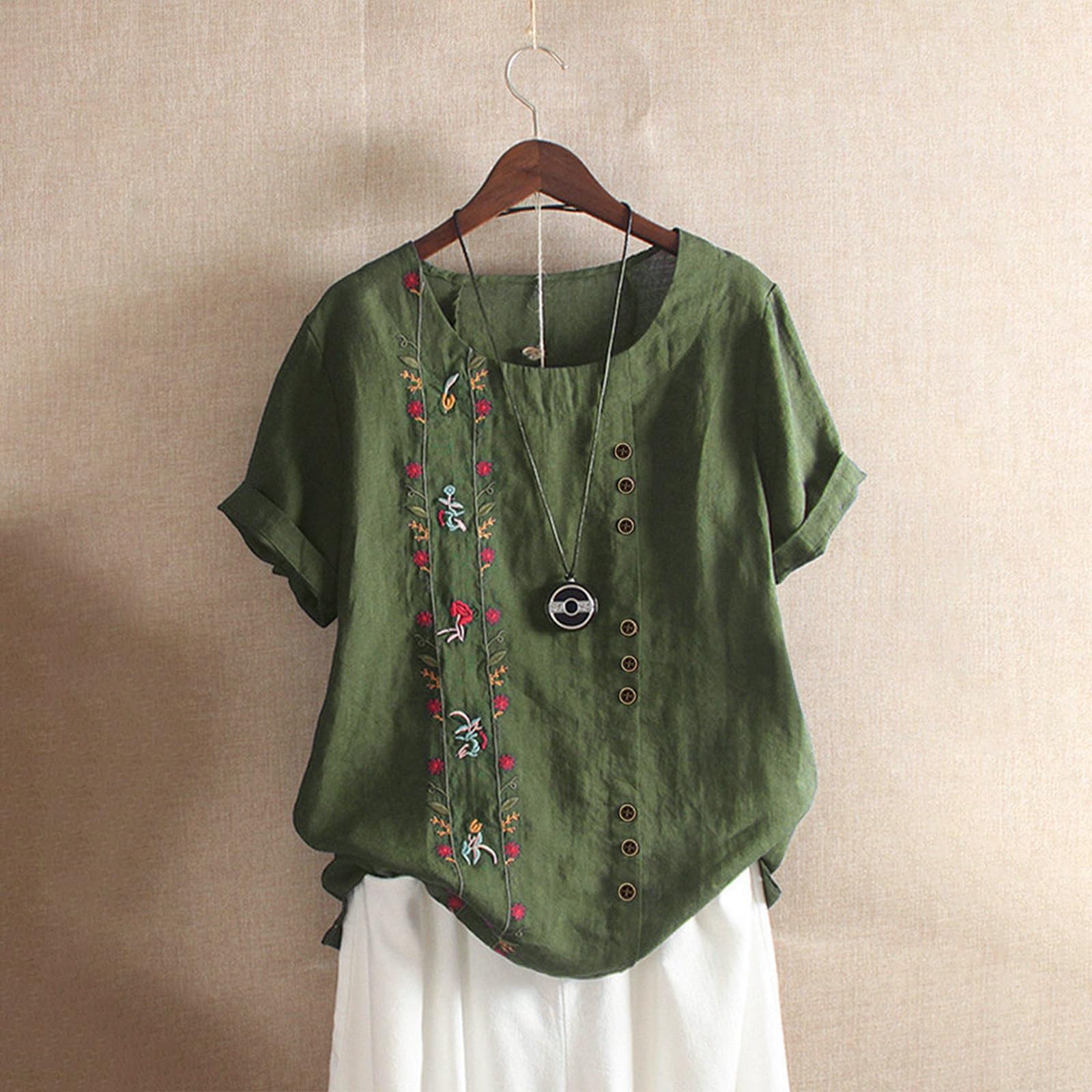 Women's Short Sleeve T-Shirt - Floral Embroidered Round Neck Casual Top with Unique Button Detail | Comfortable XX-Large Plus Size Summer Outfit | Perfect for Daily Wear, Weekend Outings & Vacation Style 2024